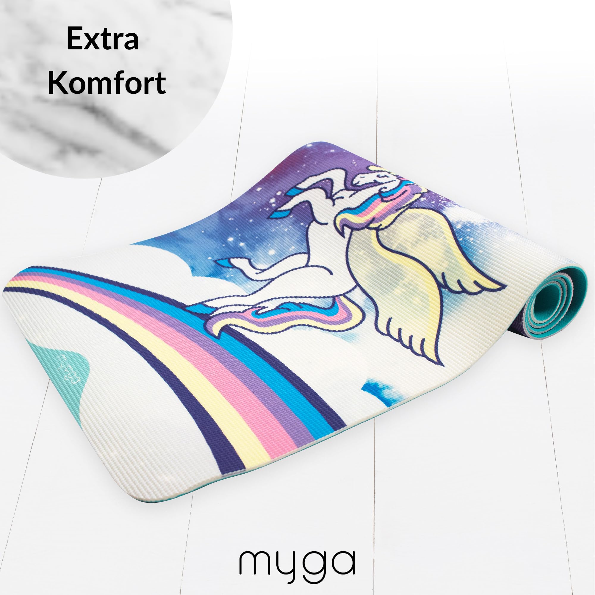 Myga Kinder Yogamatte | Rutschfest & Leichtes Gewicht | 6 mm Dicke | Ideal für Yoga, Bewegung, Spaß & Spiele | 150 cm x 55 cm | Inkl. Yoga-Posen auf Rückseite