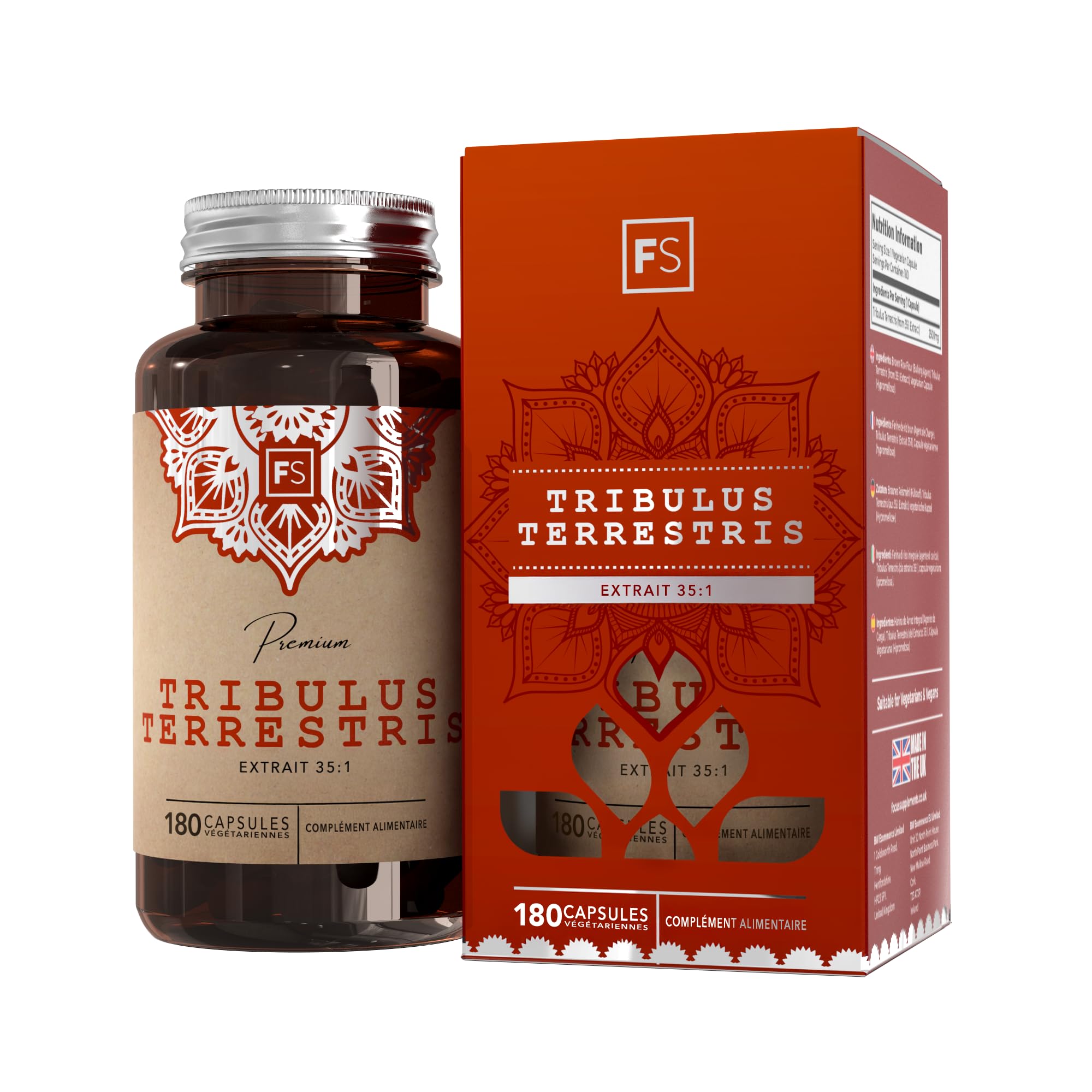 FS Tribulus Terrestris | 180 Capsules de Tribulus Terrestris Haute Teneur - 2500mg de Trib (Extrait 35:1) par capsule | Sans OGM Sans Gluten Sans Allergène | Fabriqué au Royaume-Uni