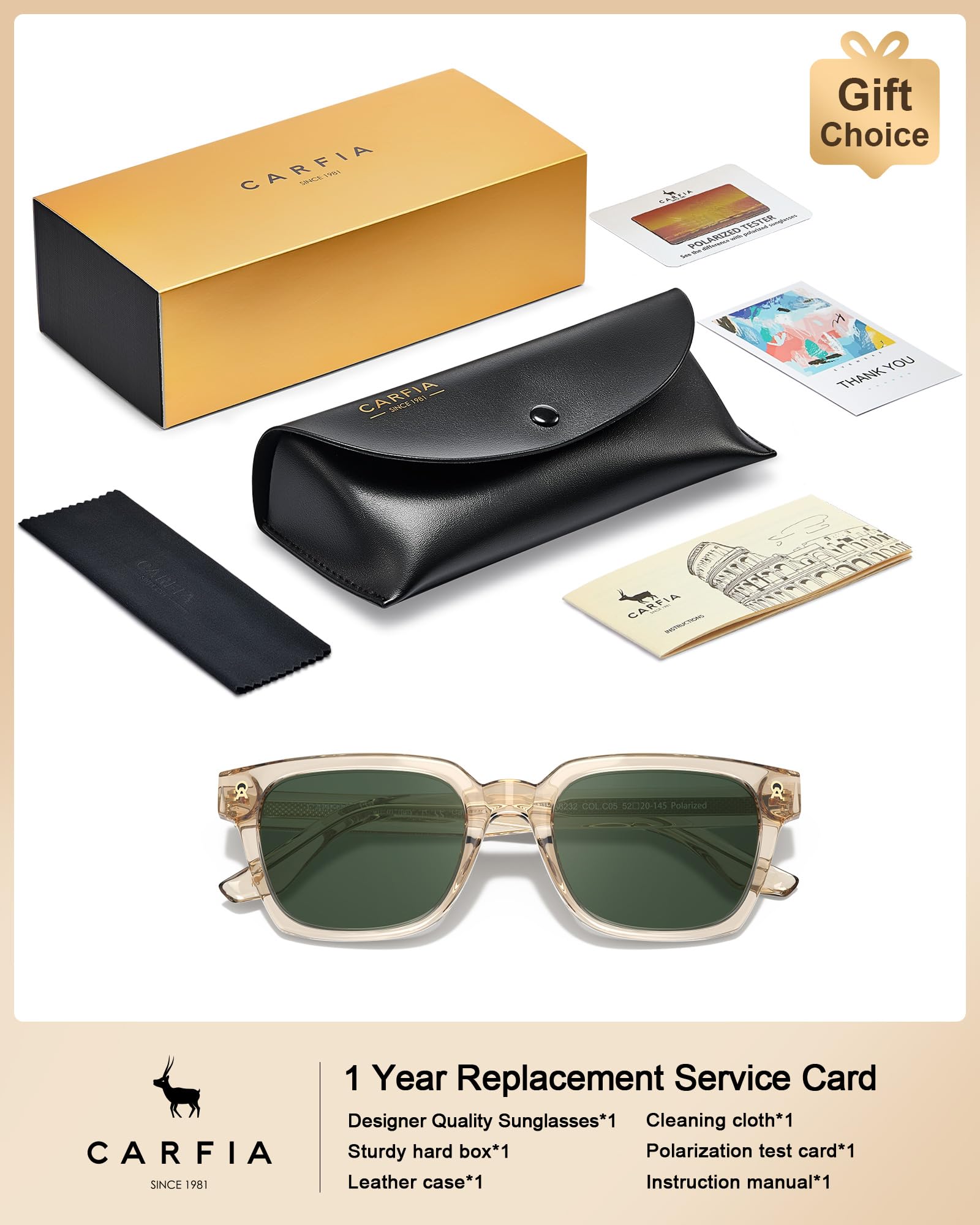 CARFIA Retro Herren Sonnenbrille Rechteckig Polarisiert UV-Schutz Acetat CA6232