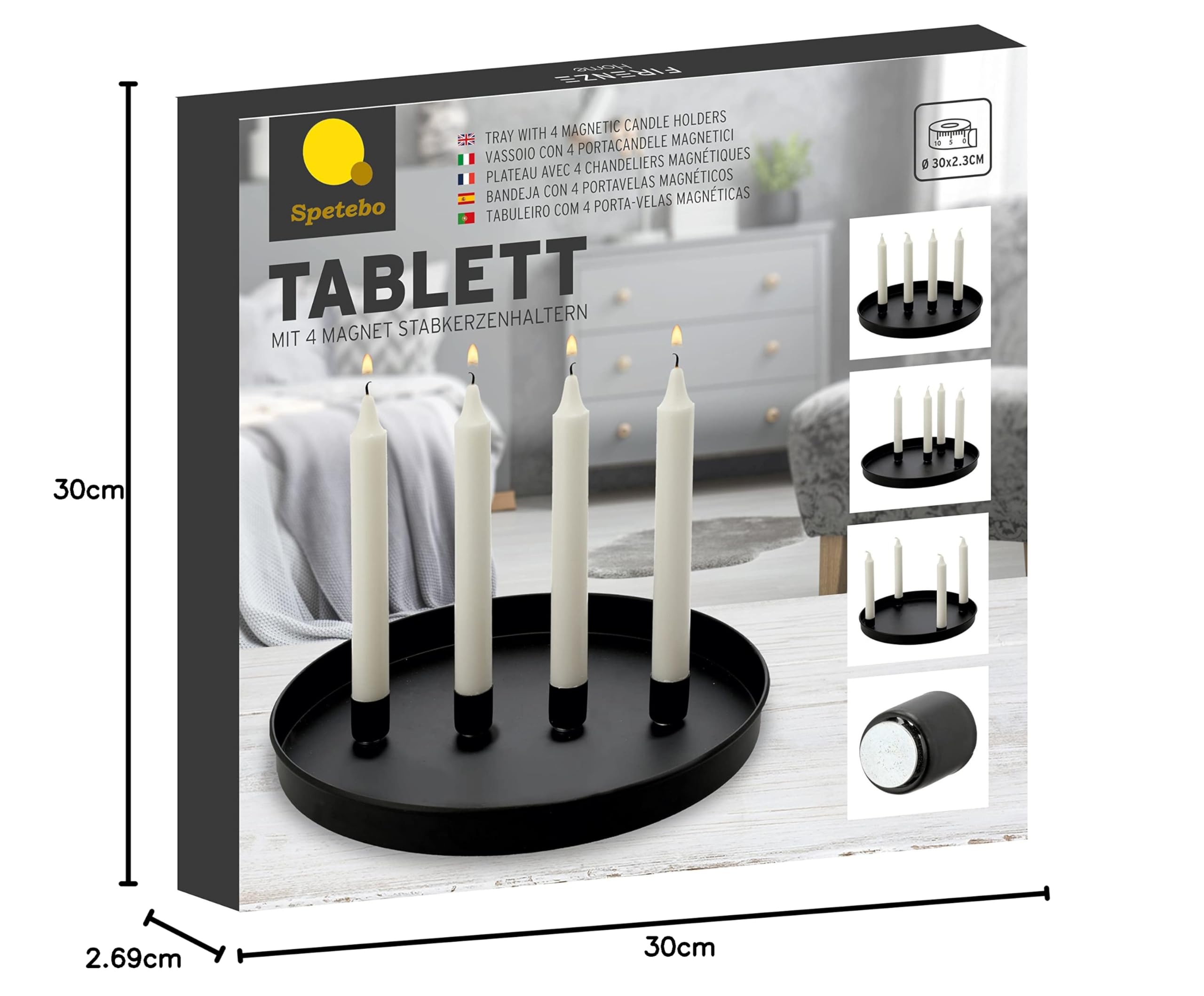 Metalen kaarsendienblad 30 cm met 4 magnetische kaarsenhouders voor staafkaarsen - kleur: zwart - decoratief dienblad met magnetische kaarsenhouders - tafelkaarsenhouder magneet kaarsen kandelaar