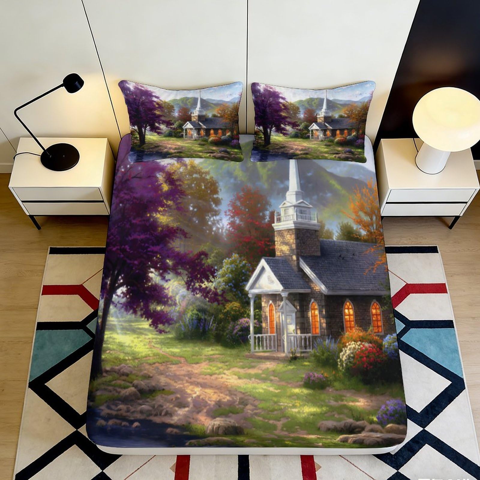 3D Printed Countryside Church Fitted Sheet Microfiber Scenic Forest Bed Cover for Bedroom Guest Room Decor 90x200x25cm