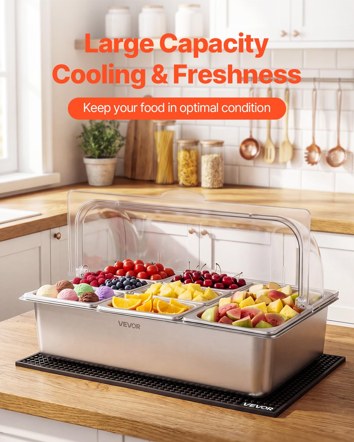 VEVOR Saladette à Poser, Vitrine Réfrigérée à Ingrédients en Inox, pour Fruits Buffet Froid Hôtel Restaurant Bar, Station de Garnitures avec 7 Bacs GN 1x1/3 et 6x1/9, Couvercle Rabattable Transparent