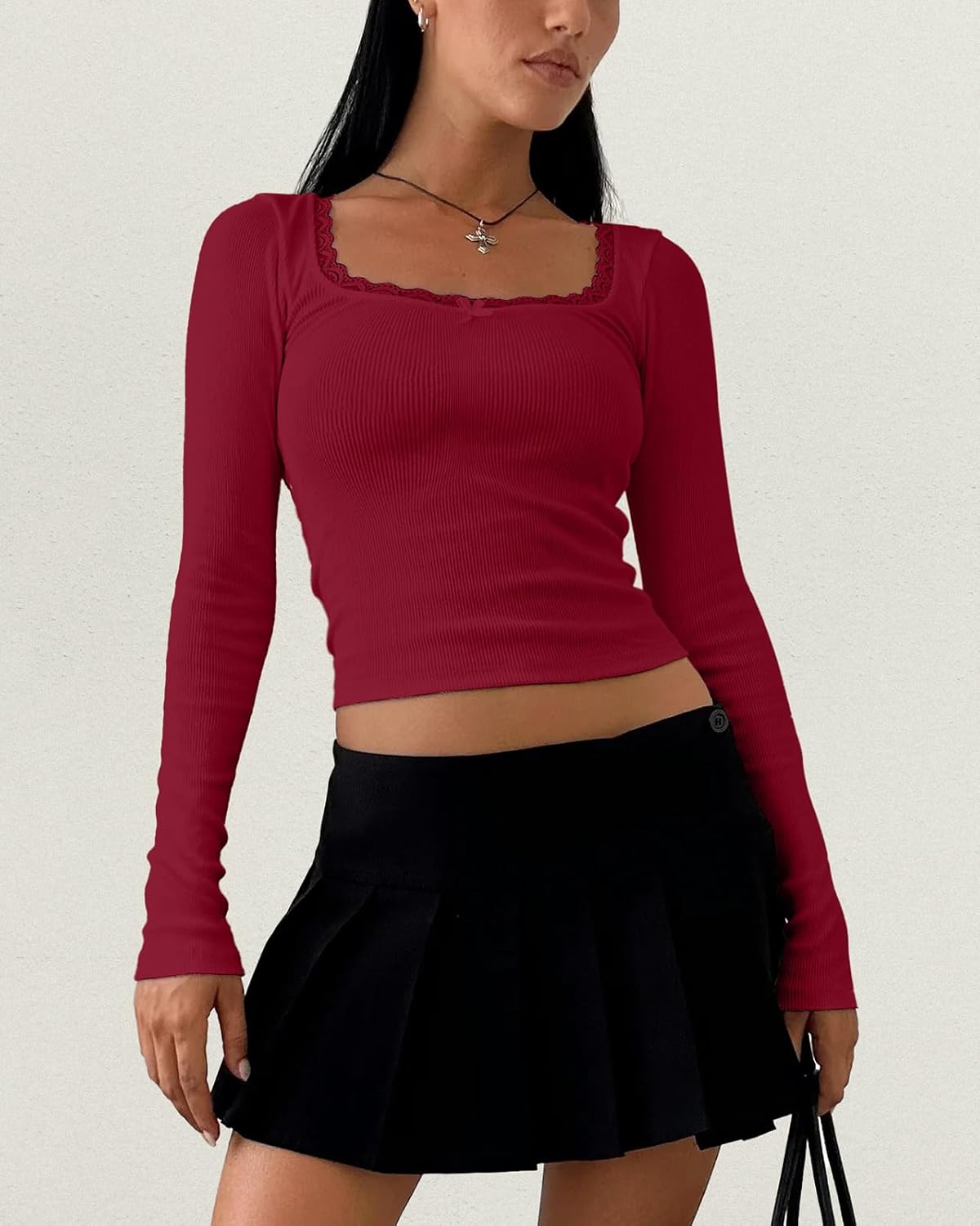 Women's Long Sleeve Crop Top Sexy Square Neck Going Out Tops Cute Ribbed Knit Bow Knot Lace Patchwork T Shirts - Image 5