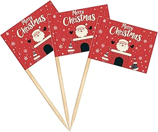100PCS Christmas Cocktail Sticks Flag, Toothpick Food Flags Cake Toppers,Handmade Wooden Cocktail Skewers with Christmas Snow Ornament for Birthday Wedding Christmas Party Decoration Supplies