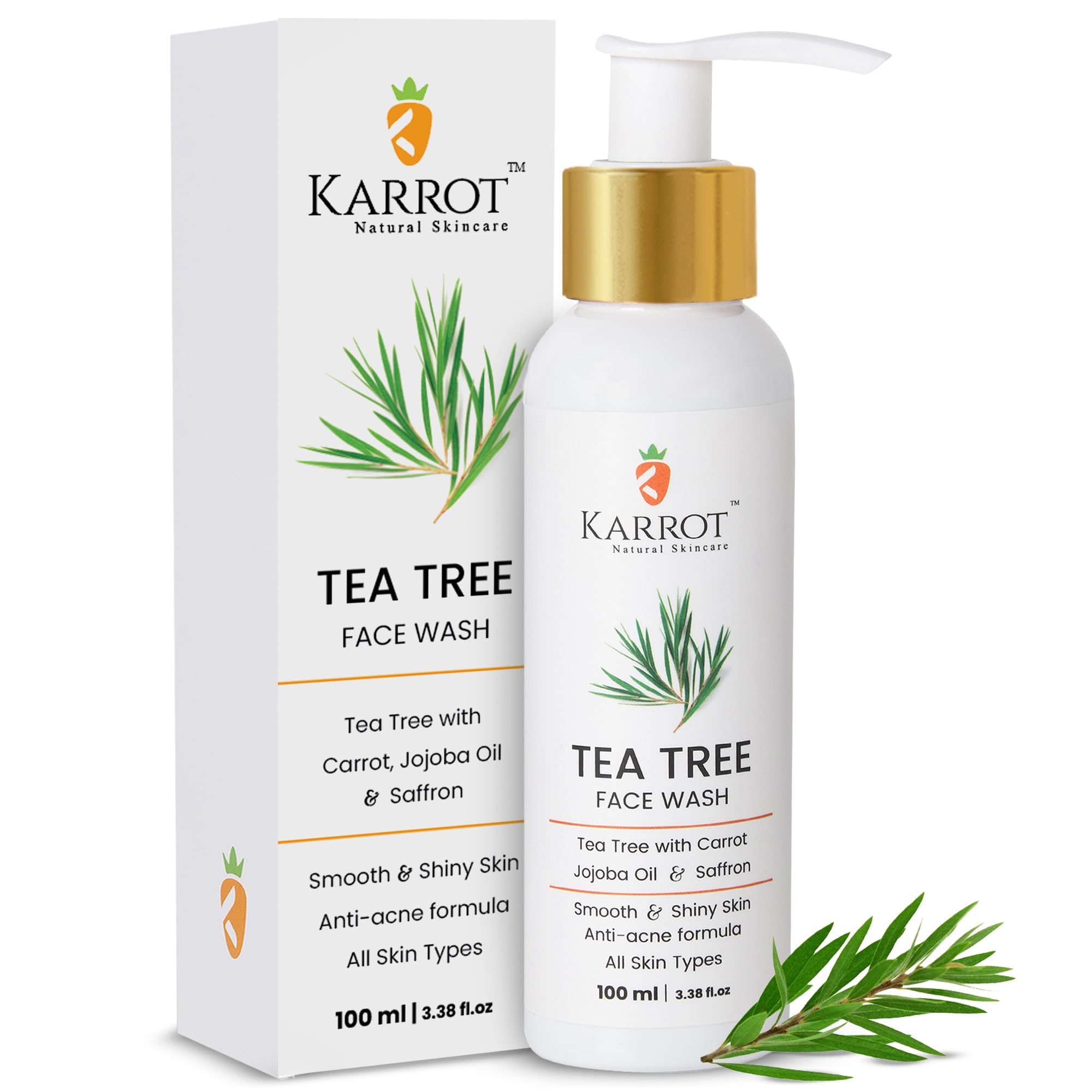 Karrot Natural Skincare Face Wash for Acne Prone Skin, Controls Oil and Cleanses Pores, Tea Tree Formula with Carrot, Jojoba Oil and Saffron, For Women and Men, Suitable for All Skin Types, 100 ml