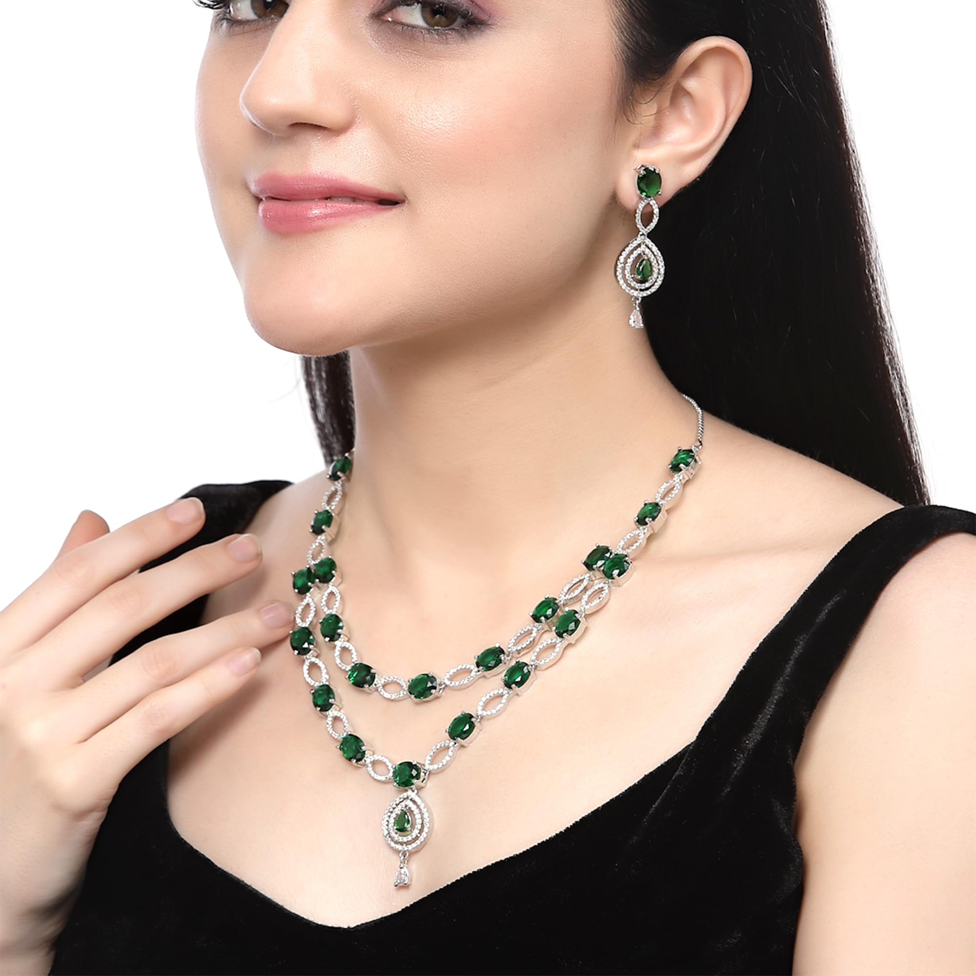 Abstract Necklace & Earrings Set Rhodium-Plated AD Studded