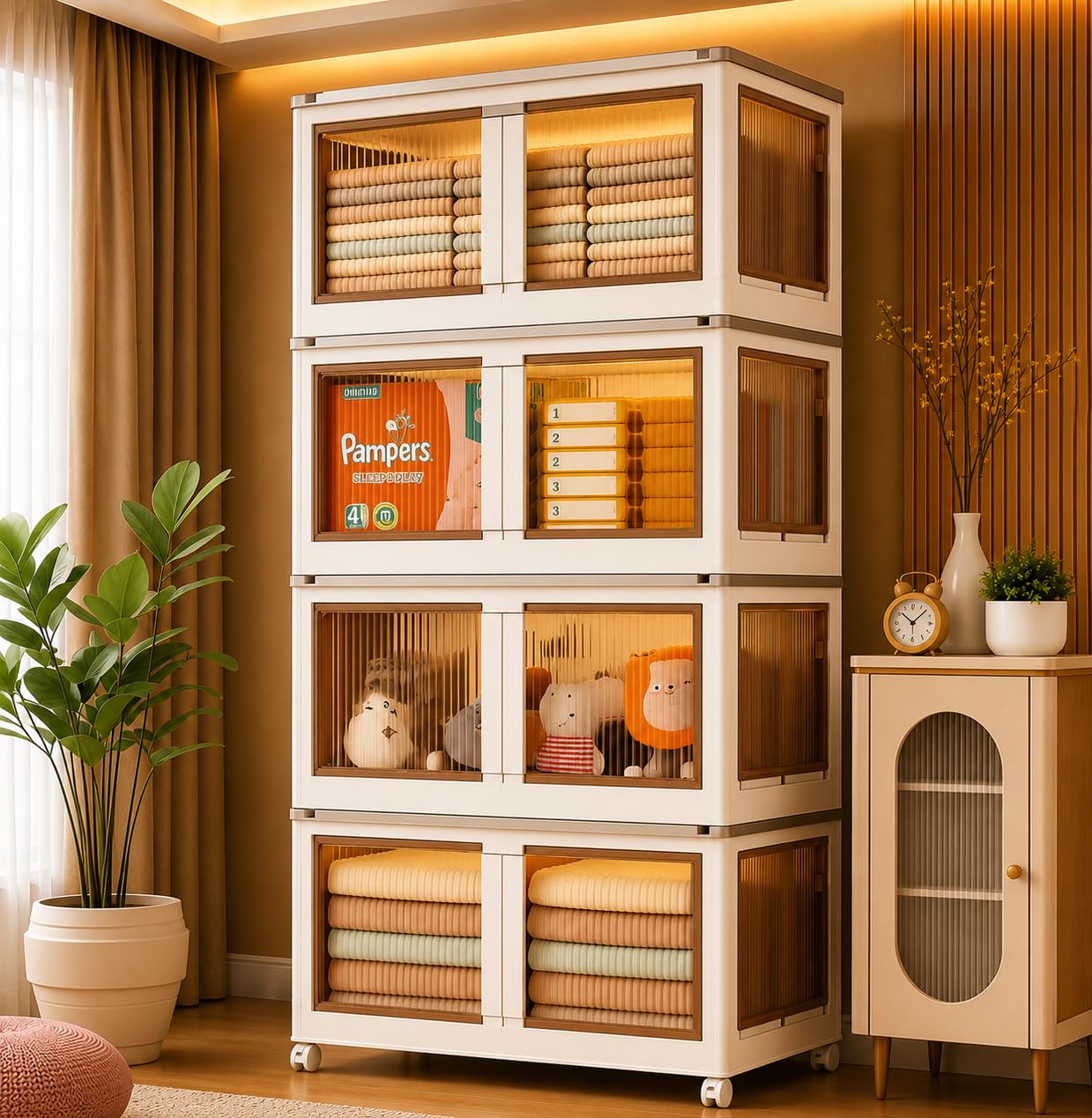 SNKR ESSENTIALS 4 𝐏𝐀𝐂𝐊 Plastic Rack for Storage Cabinet with Wheels | Multipurpose Shelf Storage Services Almirah Wardrobe for Clothes, Kitchen Cupboard | Plastic Organizer with Transparent Doors