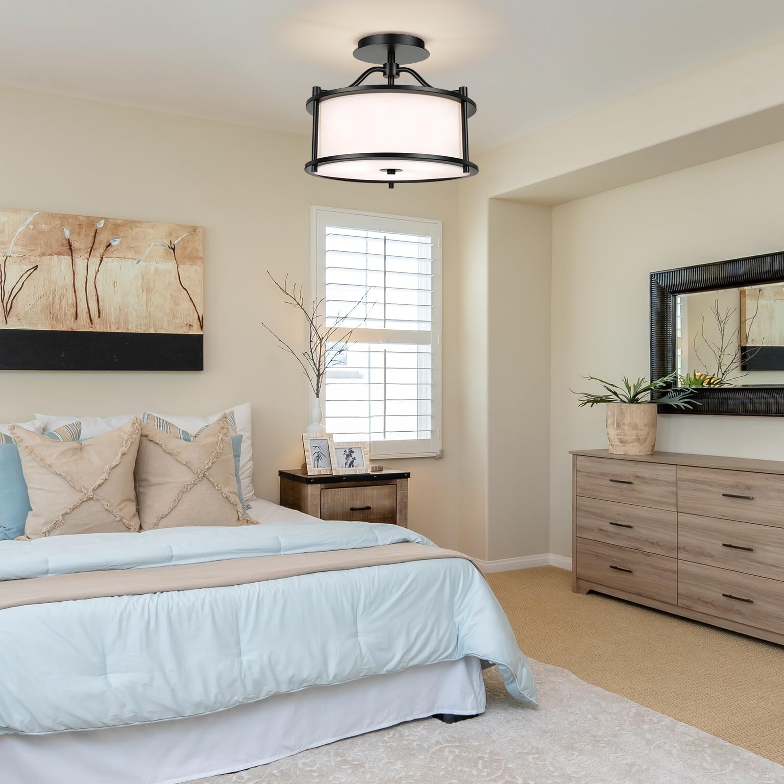 3-Light Semi Flush Mount Ceiling Light Fixture Drum 11.8 Inches, with White Fabric Lampshade,Black Frame Classic Fashion Ceiling Light, Suitable for Bedroom Living Room Corridor and Kitchen