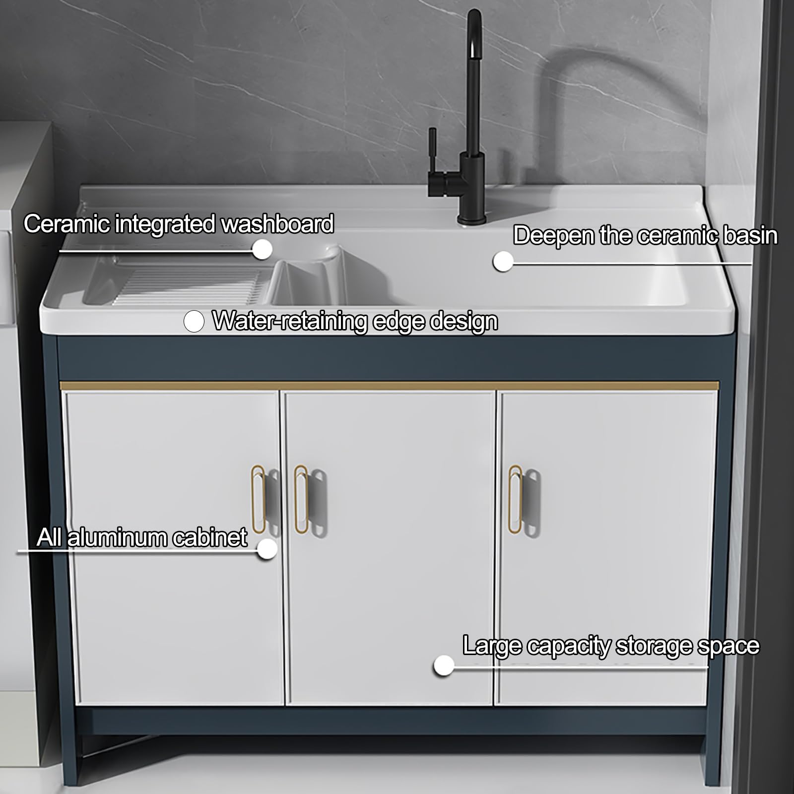 Lavabo de buanderie et buanderie avec armoire autoportante – Évier en céramique avec planche à laver et armoire en aluminium – Évier de salle de bain à cuve unique pour balcon, extérieur, intérieur,
