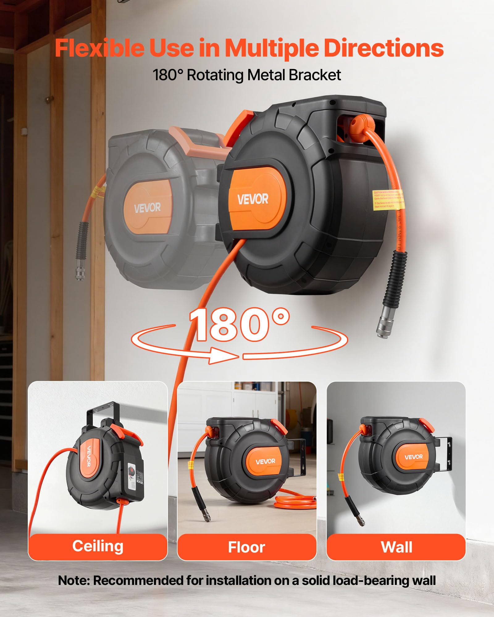 VEVOR Carrete de Manguera de Aire Retráctil 15 m x 9,5 mm, Manguera para Compresor de Aire Presión Máxima de 300 PSI, con Entrada de 1 m, Montaje en Techo o Pared Giratorio de 180°, para Garaje