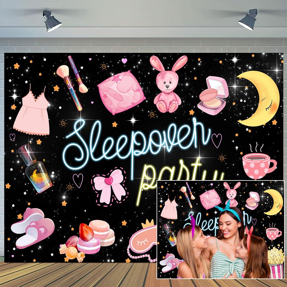 7X5ft Sleepover Party Photo Backdrop Photography Background for Girls, Pink Black Slumber Party Supplies Pajamas Pillow Fight Backdrops Photo Booth