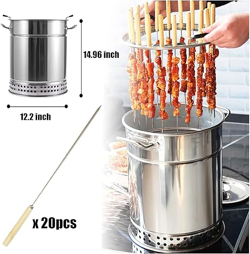 Miniatura 7 de Parrilla de barbacoa de barril de carbón ahumador, barril de malla de acero inoxidable con 20 pinchos, cesta de parrilla rodante y estante de