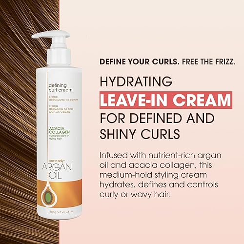 Miniatura 3 de One 'n Only Defining Curl Cream con aceite de argán, crema acondicionadora sin enjuague, define y deja el cabello rizado fuerte, mejora el brillo e