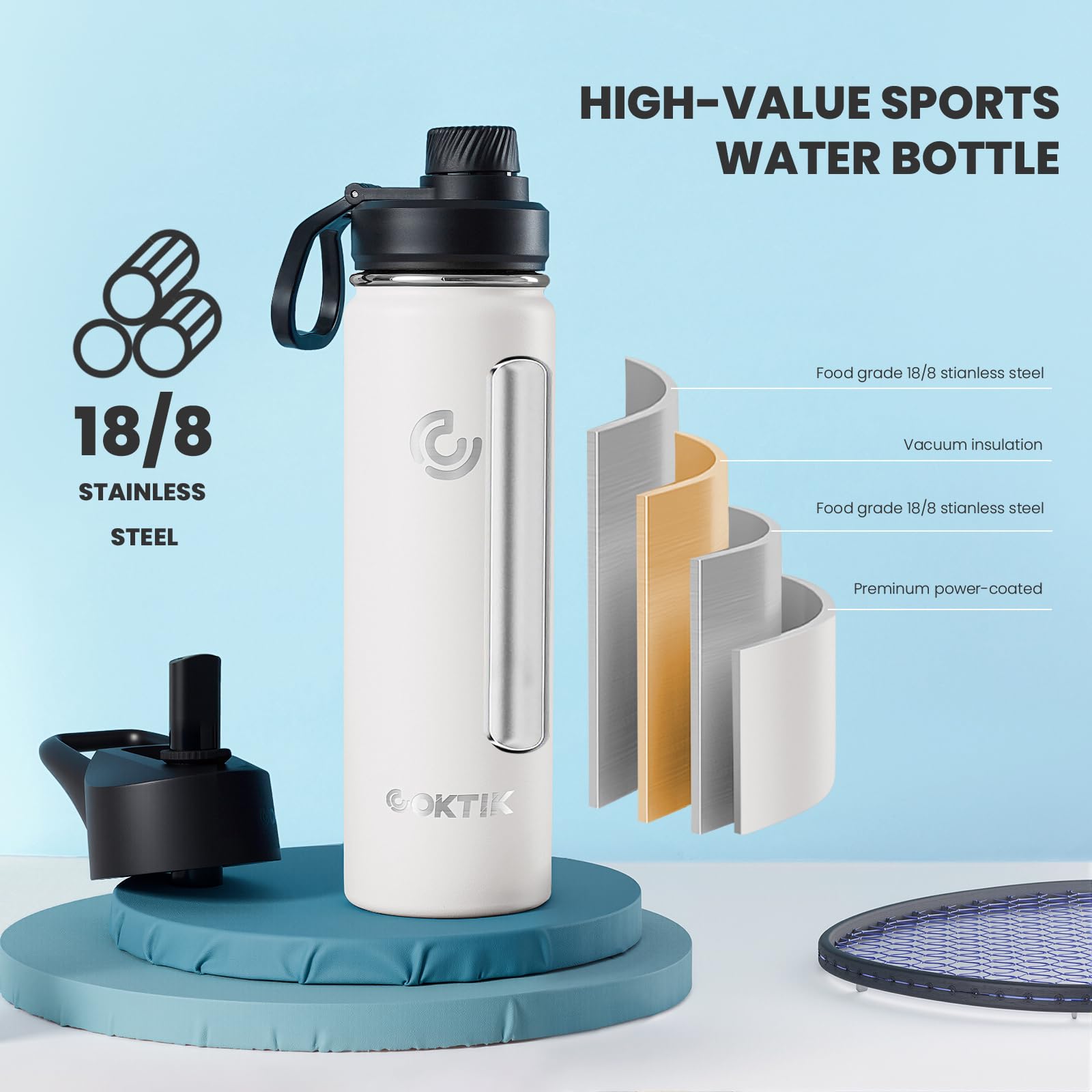 COKTIK Insulated Stainless Steel Water Bottle With Straw Lid, 22 oz Wide Mouth Double Wall Vacuum Insulated Water Bottle Leakproof Lightweight for Hiking, Biking, Running(White)