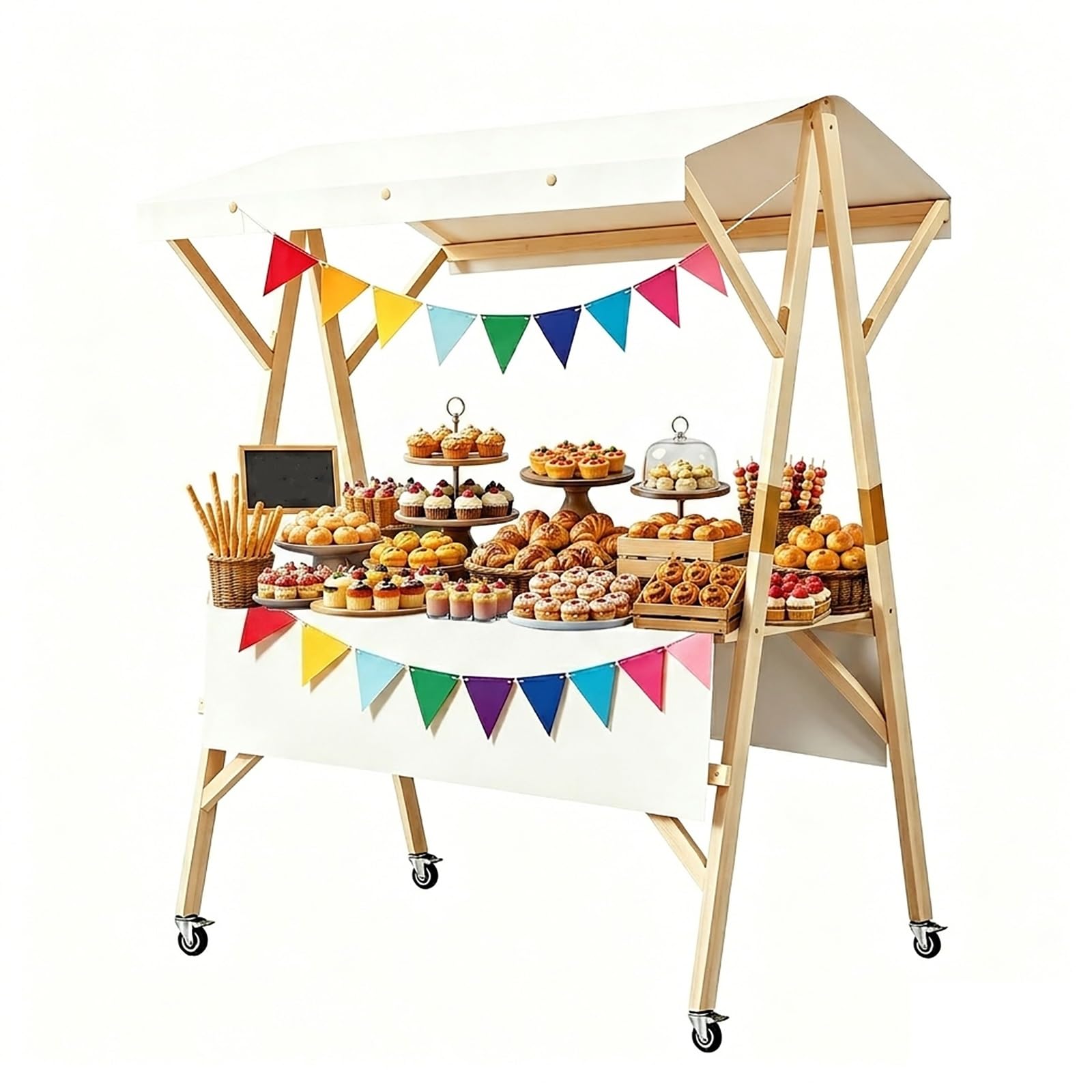 WYHBXD Wooden Market Stall Cart with Canopy, Foldable Vendor Booth on Wheels for Farmers Markets, Lemonade Stand, Parties, Blue(White,150cm/59)