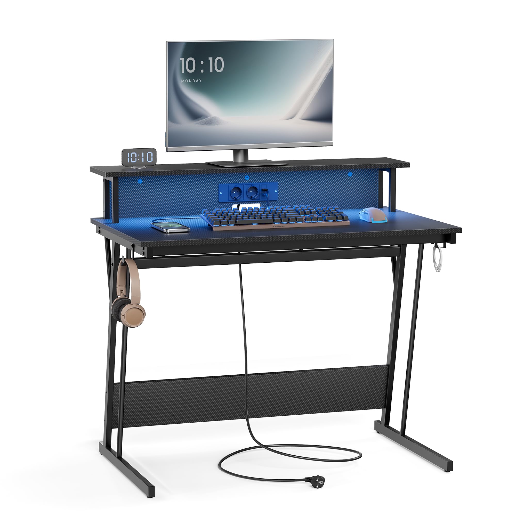 VASAGLE Biurko, stół do gier z wbudowaną listwą zasilającą, biurko komputerowe, ze stojakiem na monitor na 2 monitory, sypialnia, 60 x 100 x 76 cm, węgiel czarny LWD191B02