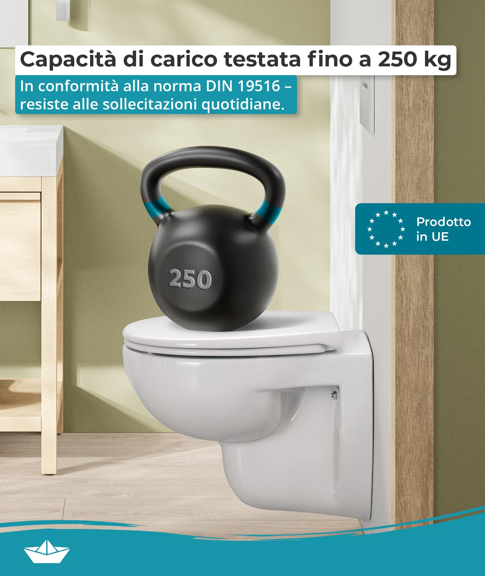 Calmwaters® Copriwater con abbassamento automatico, sedile WC facile da montare, fino a 250 kg, Made in EU, in Duroplast antibatterico, 2 modalità di fissaggio, rimovibili, occhialini ovali