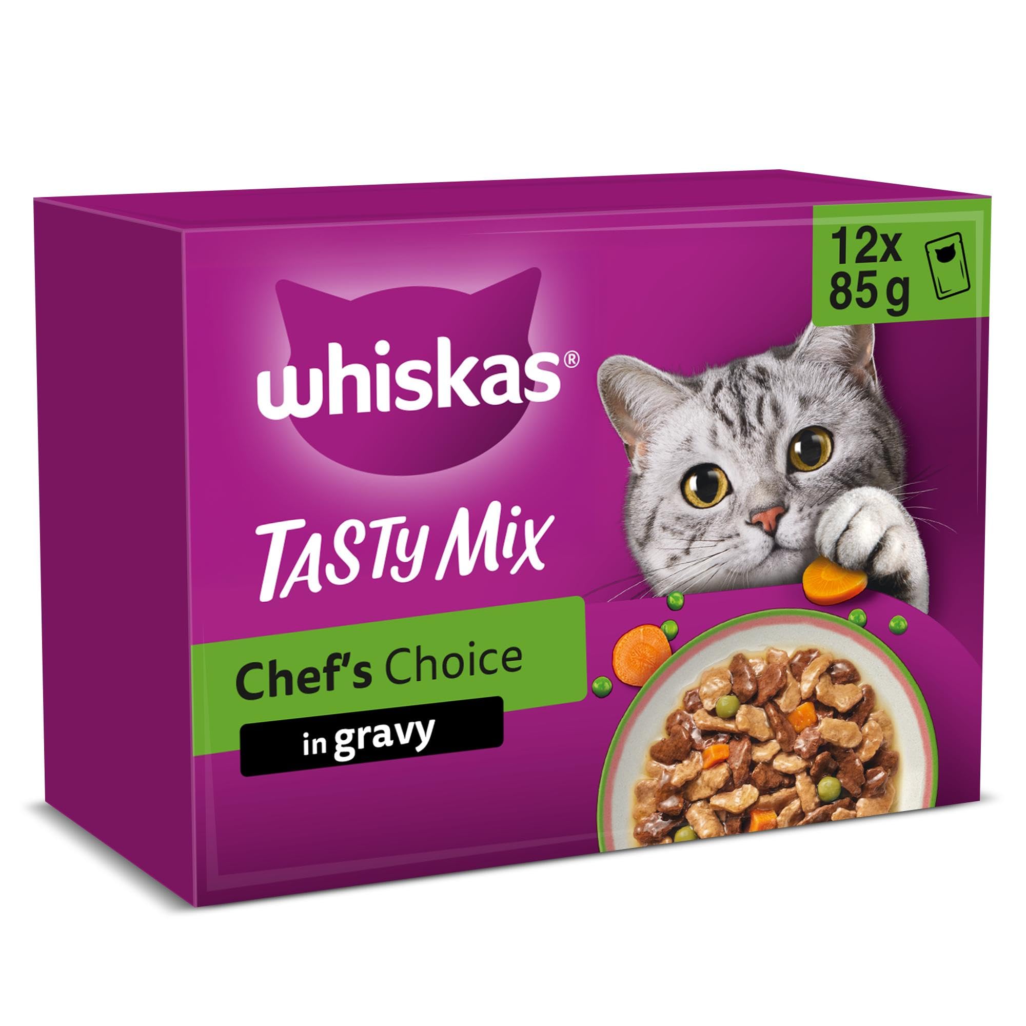 WHISKAS TASTY MIX Adult Wet Cat Food in Gravy 12x85g Chefs Choice (Pack of 4) - 1