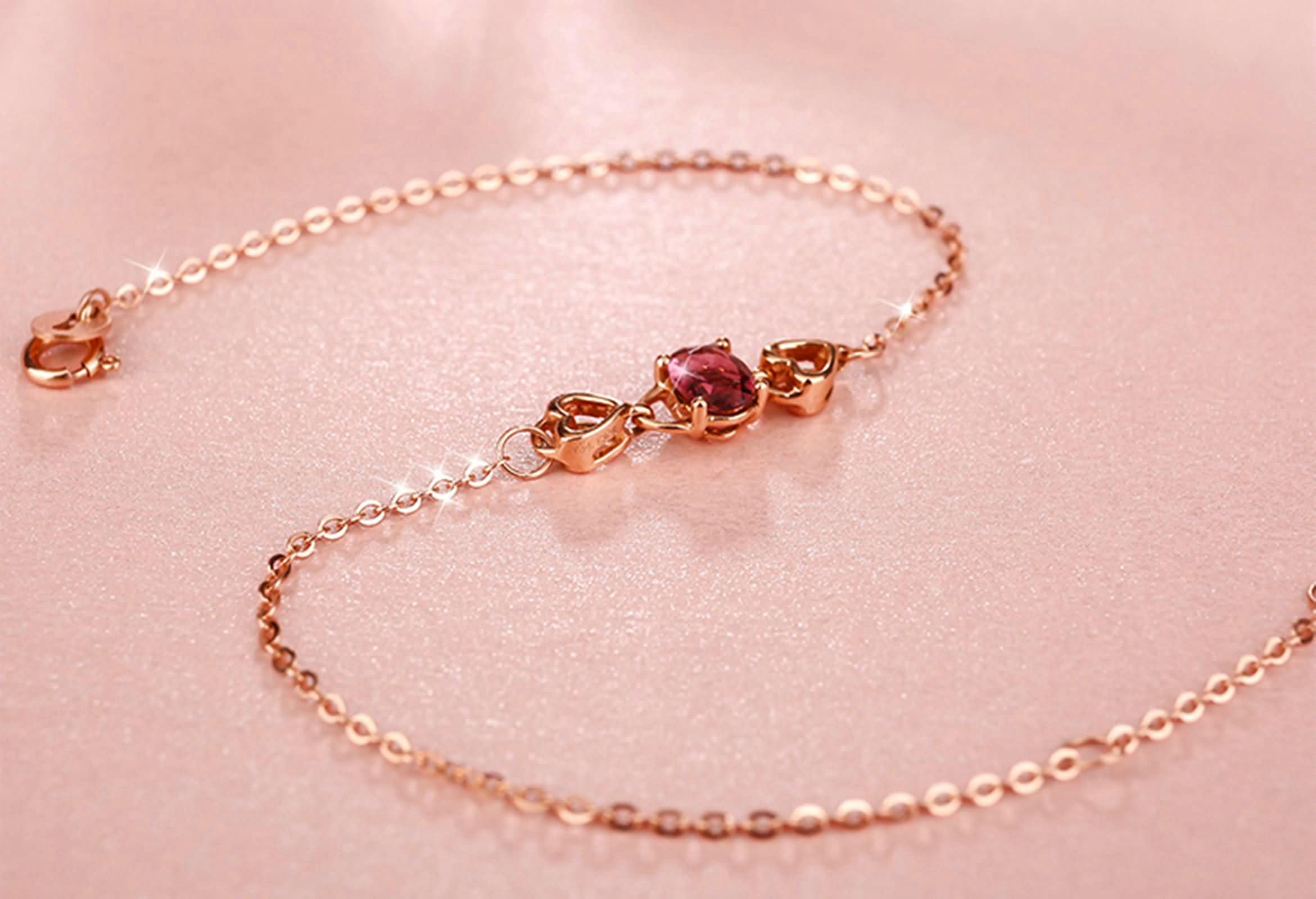 Pulsera para Mujer de Oro Rosa 9 Kilates / 14 Kilates / 18 Kilates, Corazón Hueco y Oval con Turmalina, Cadena Extensible 16 CM + 5 CM, Pulsera Mujer Ajustable de Oro Rosa