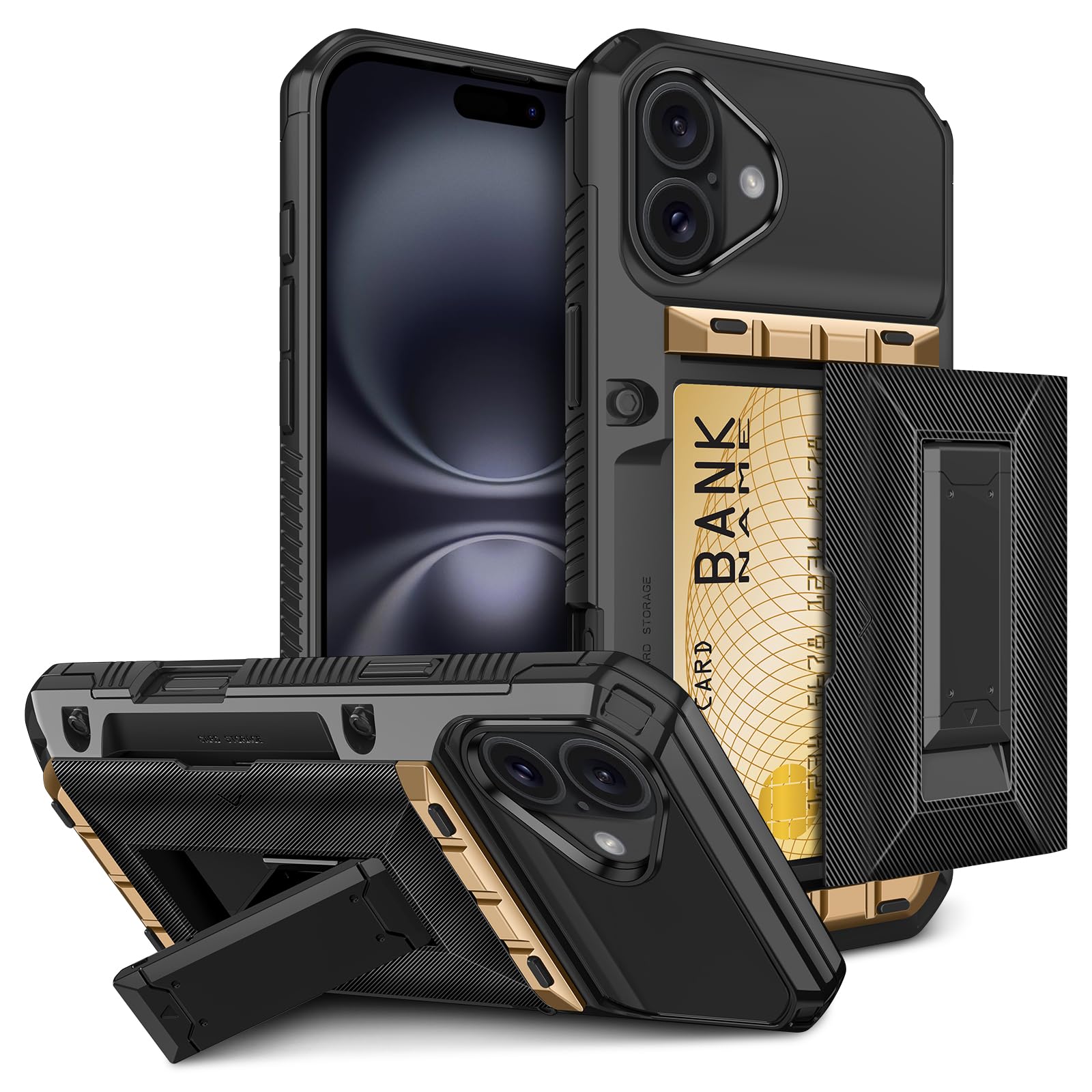 for iPhone 16 Plus Case with Card Holder [Store 3-5 Cards] Armor Military Grade Protective Phone Cover with Kickstand Rugged Heavy Duty Protection