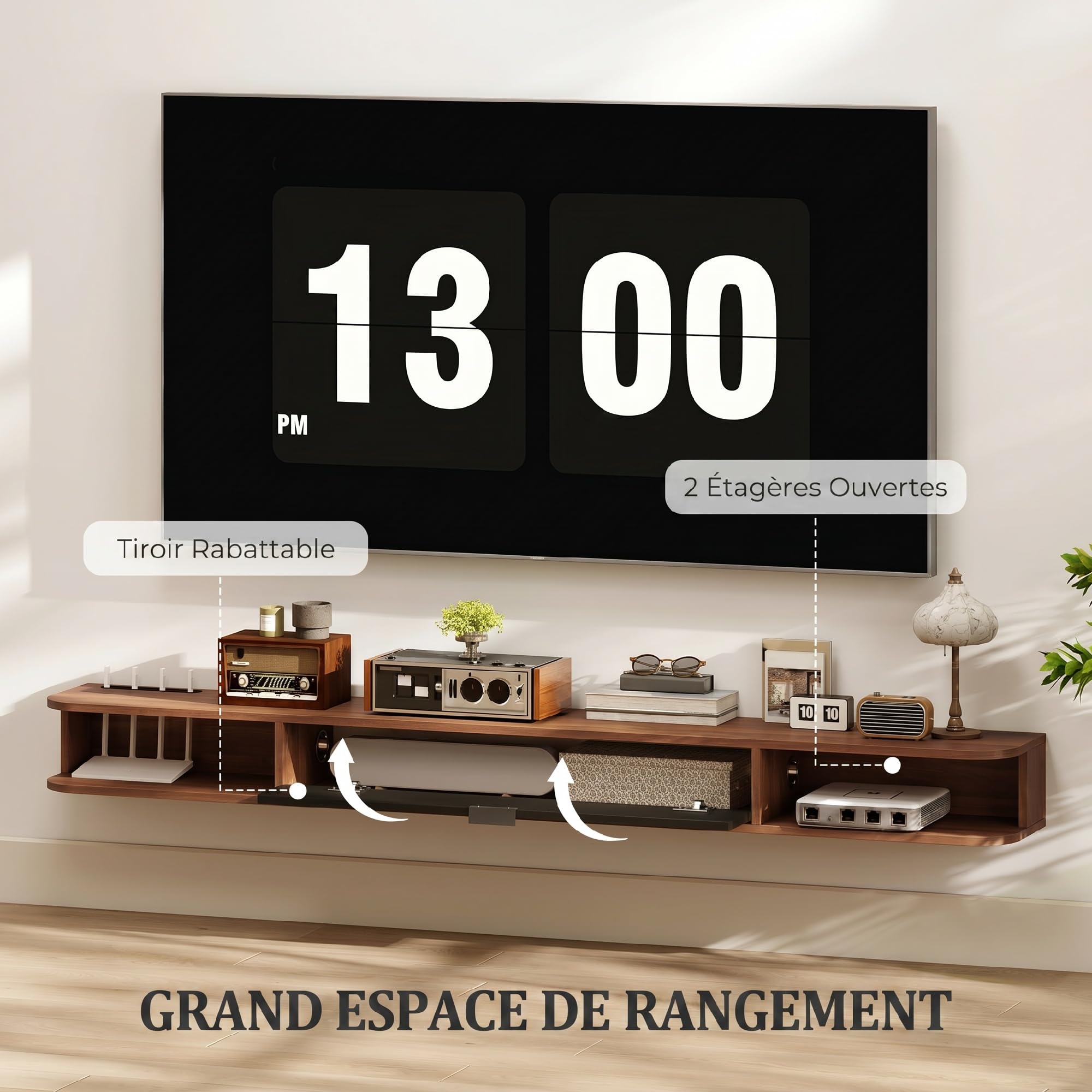 HOMCOM 71" Supporto TV sospeso moderno ripiano per TV fino a 75" Noce