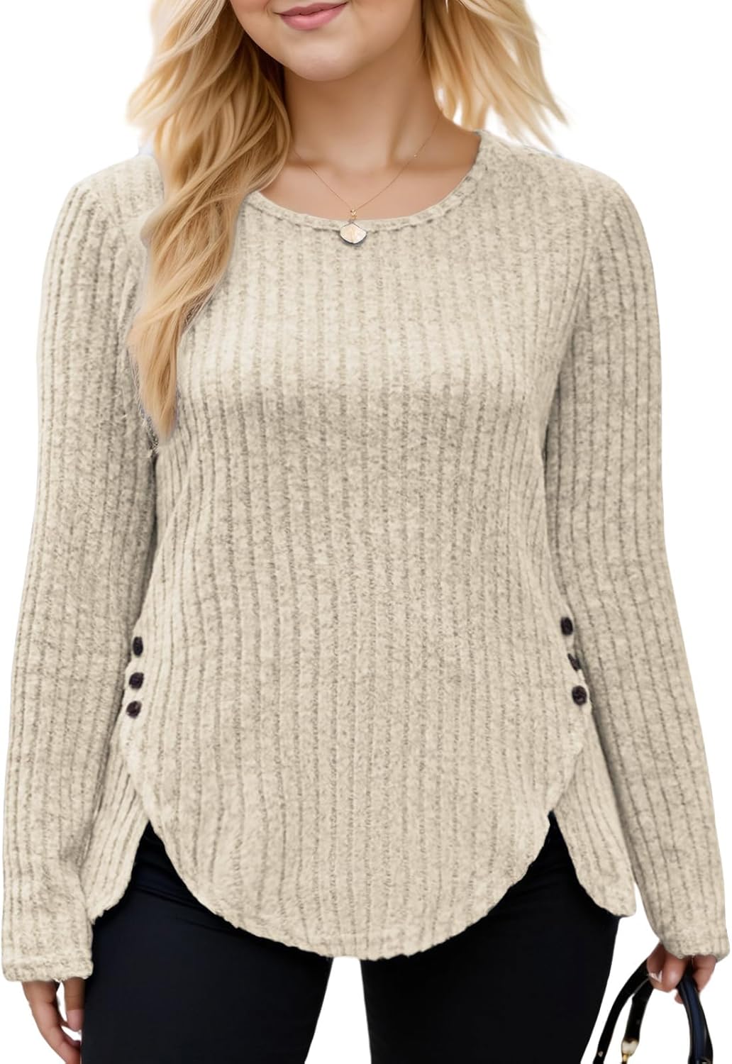 VISLILY Womens-Plus-Size-Tops Trendy Tulip Hem Long Sleeve Shirts Casual Lightweight Knit Sweaters Cute Button Decor Tunics - Image 2