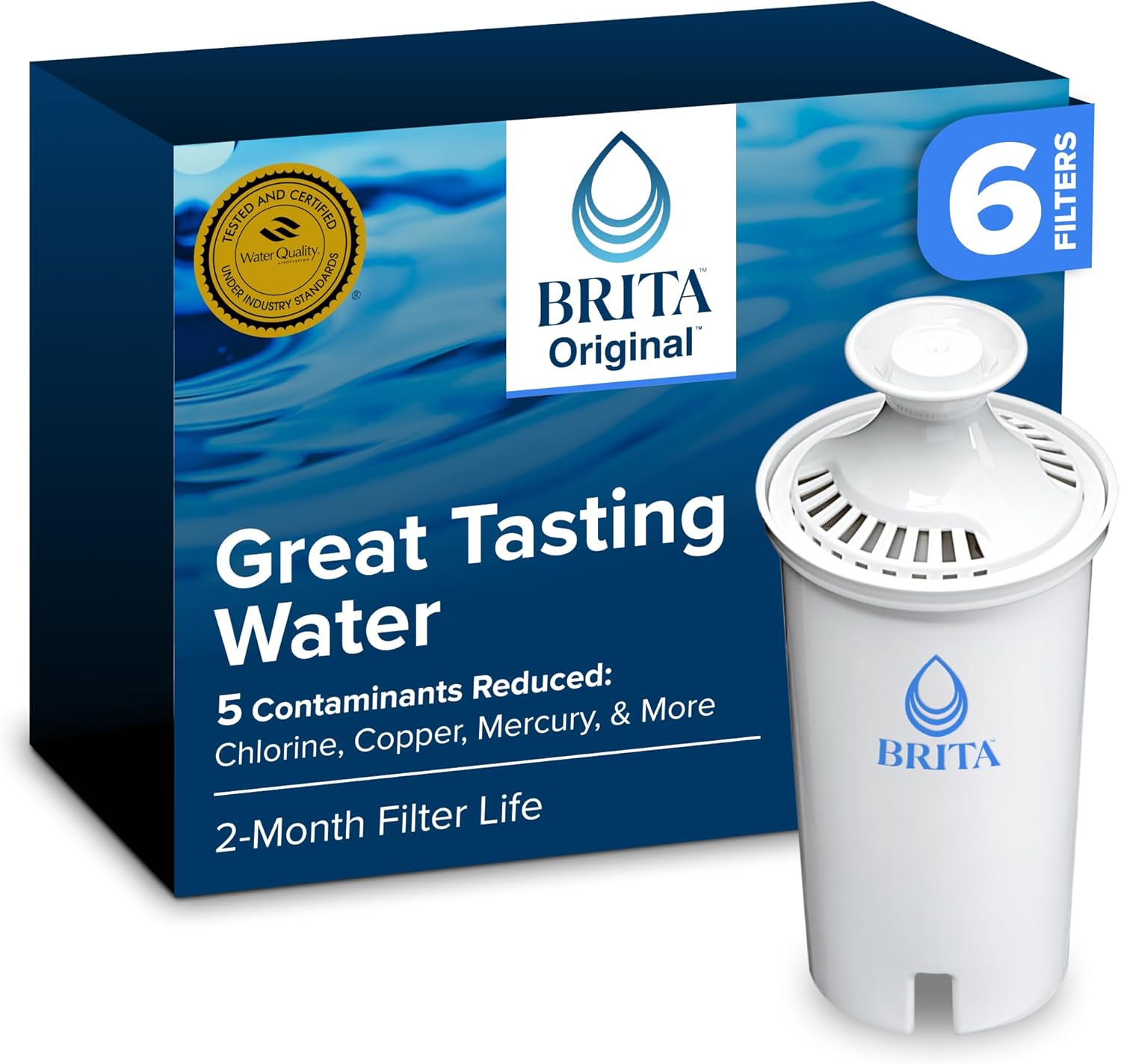 Brita Standard Water Filter for Pitchers and Dispensers, Reduces Copper, Cadmium and Mercury Impurities, Lasts Two Months or 40 Gallons, Includes 6 Filters for Pitchers