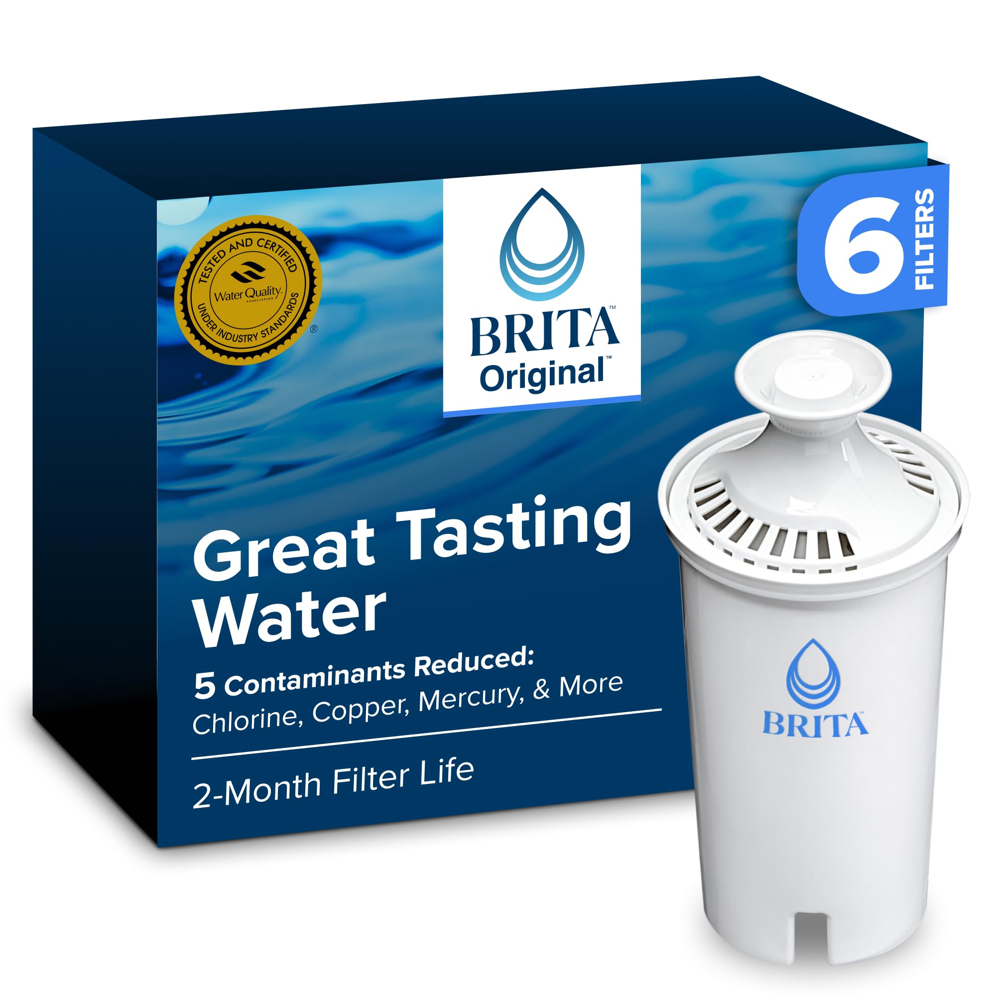 Brita Standard Water Filter for Pitchers and Dispensers, Reduces Copper, Cadmium and Mercury Impurities, Lasts Two Months or 40 Gallons, Includes 6 Filters for Pitchers