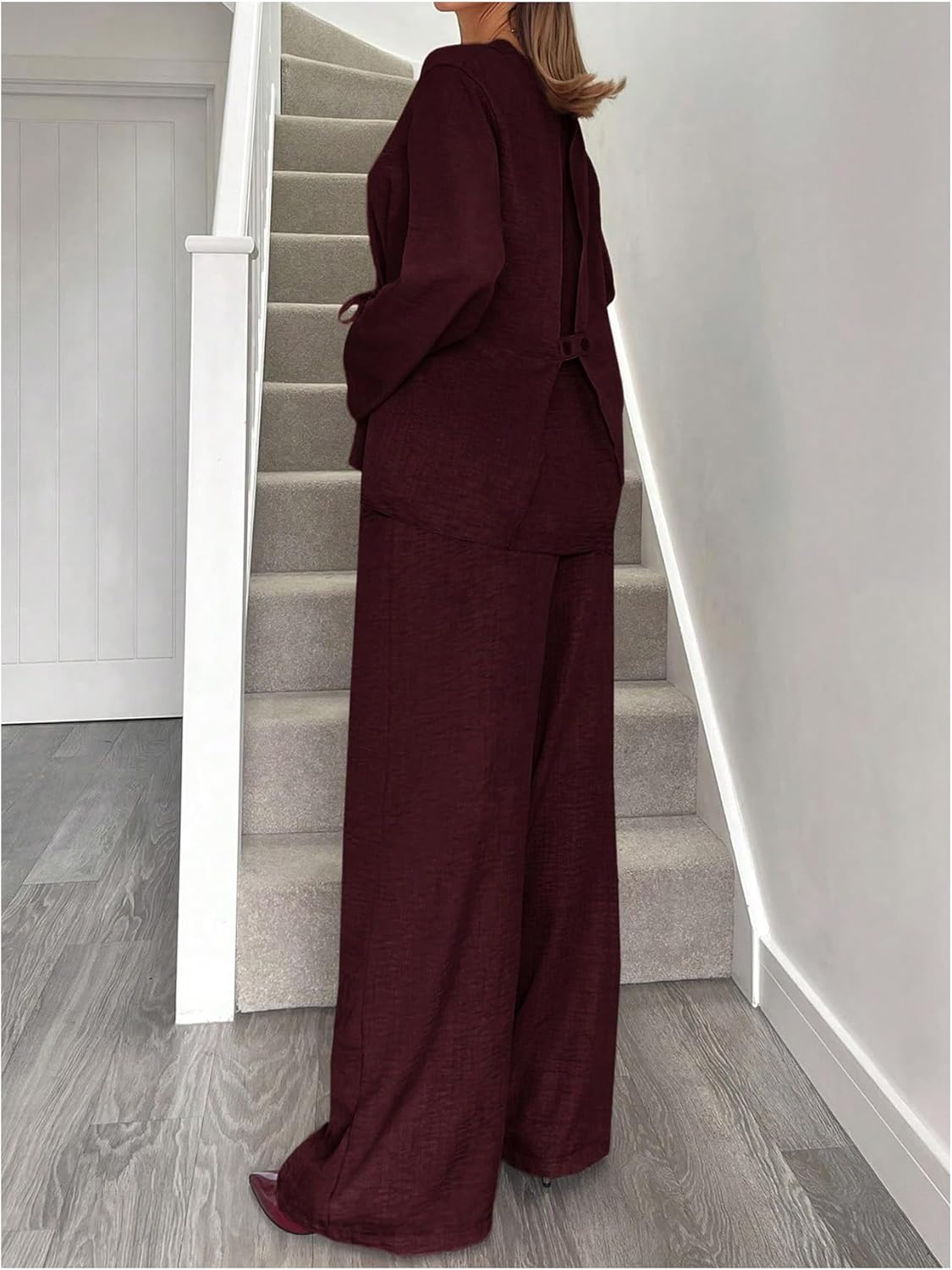 Milumia Women's 2 Piece Outfit Tie Knot Wrap V Neck Long Sleeve Shirt and Pants Sets - Image 3