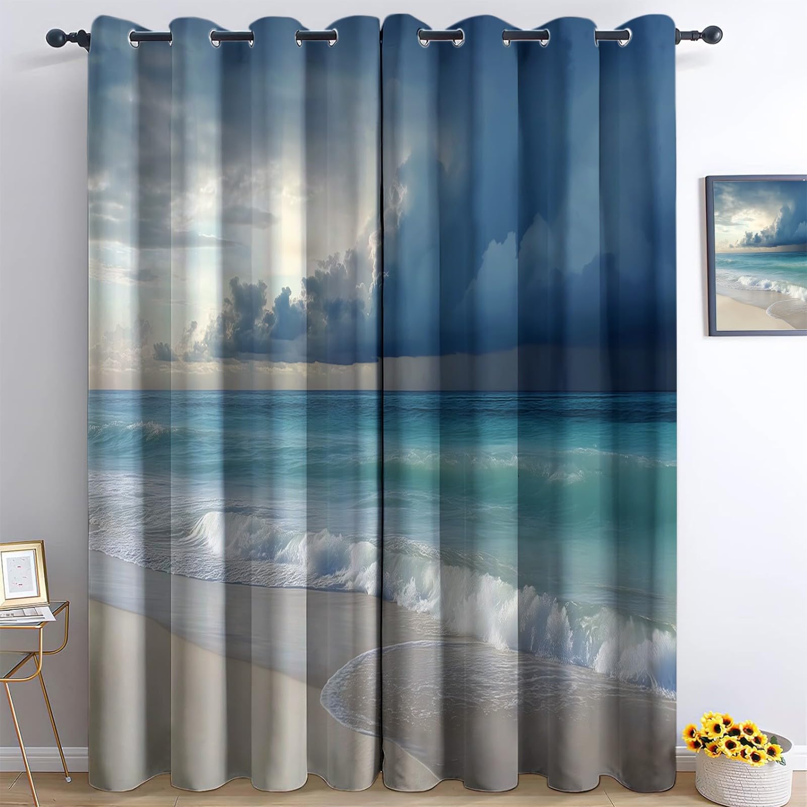 140 x 260 cm, juego de 2 cortinas 100% opacas con aislamiento térmico, paisaje natural, ondas del océano, tela suave e impermeable, doble cortina con ojales para dormitorio, sala de estar, cocina