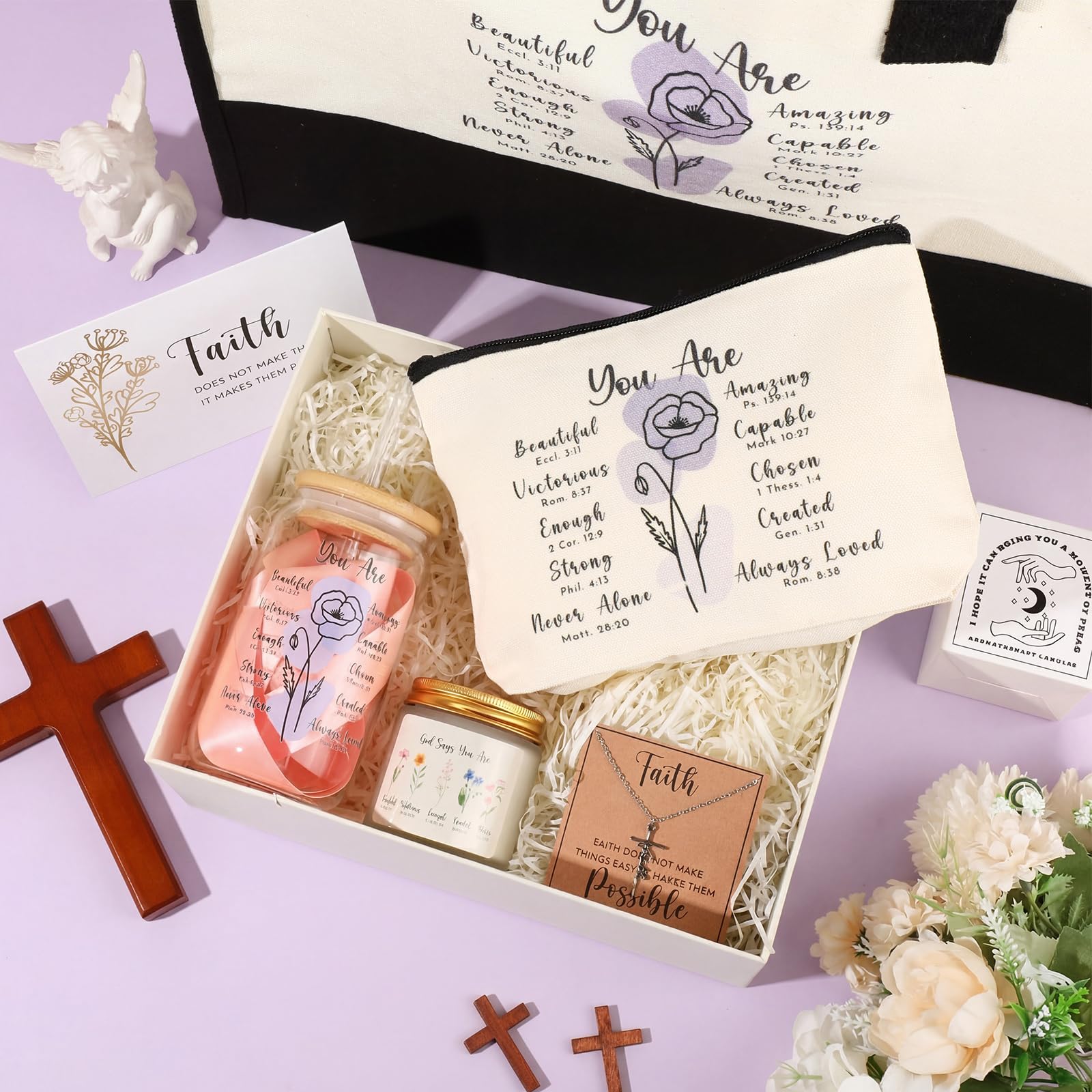 6 Pcs Christian Gifts for Women Faith Set Mother's Day Religious Gift for Women with Tote Bag Makeup Bag Candle Cross Necklace Cup Greeting Card for Church Grad Birthday(You are,Purple)