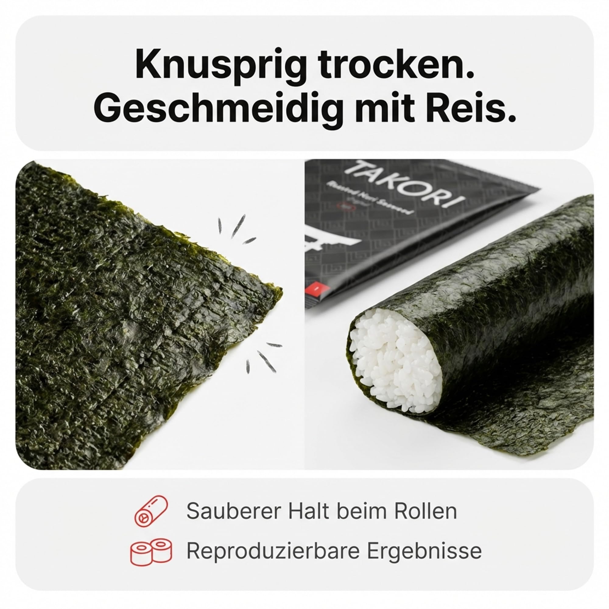 Takori Nori Blätter Original Halb 10x 100 Blatt für Sushi, Maki und Onigiri, gerösteter Nori-Seetang, gleichmäßige Textur, vegan und glutenfrei