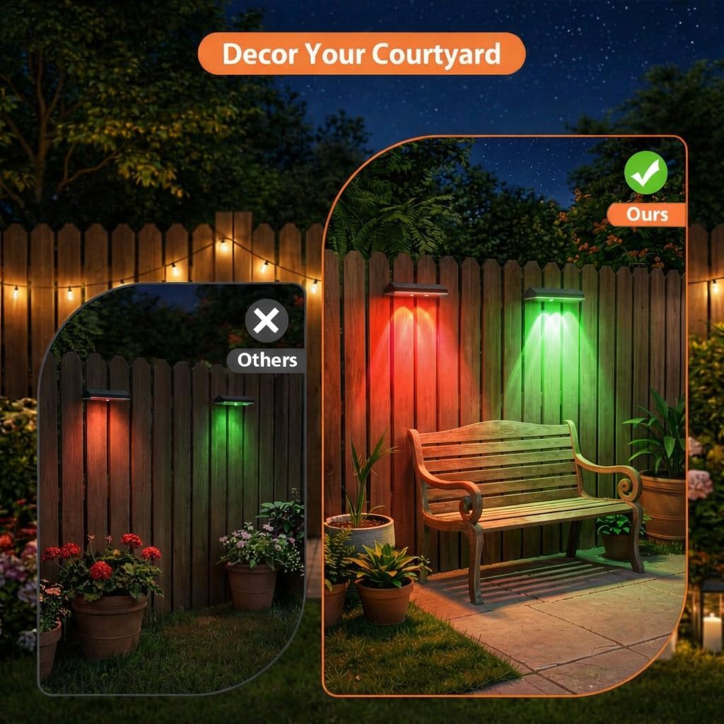 Solar Fence Lights Outdoor Waterproof, LED Deck Light Solar Powered for Garden Yard/Railing/Pathway/Patio/Step, IP65 Waterproof, 3 Lamp Beads, 8 RGB Colors, Auto ON/Off (8Pack)