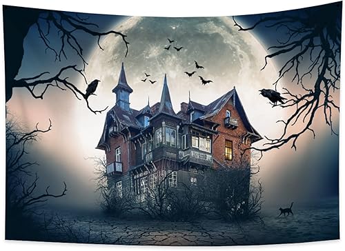 Miniatura 7 de Tapiz de Halloween de terror para colgar en la pared, tapiz de casa cazada, murciélagos y cuervos en luna llena, tapiz de pared de castillo