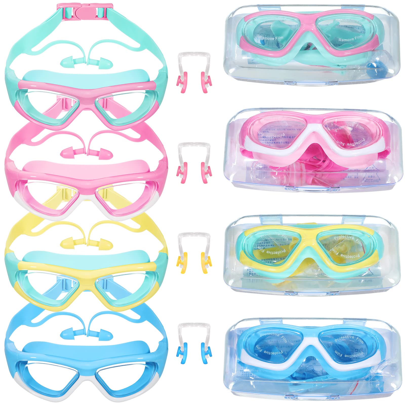 Yexiya Schwimmbrille für Kinder, Anit Fog, kein Auslaufen, Jugendbrille mit Nasenstöpsel für Jungen und Mädchen im Alter von 3–12 Jahren, 4 Stück