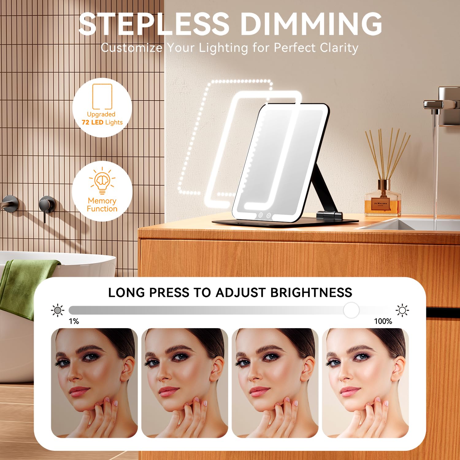 Auxmir Kosmetikspiegel mit Beleuchtung, Ultra Dünn Schminkspiegel mit 3 Lichtfarben, LED Spiegel mit Beleuchtung, USB Wiederaufladbar Tischspiegel Reisespiegel für Schminktisch, Reise, Schwarz - 4