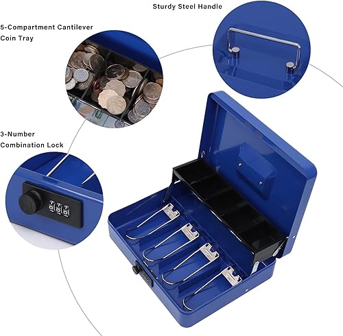 Miniatura 4 de xydled Caja de metal para efectivo, caja de efectivo con bandeja de dinero y cerradura de combinación, caja de almacenamiento, azul, 4 ranuras para