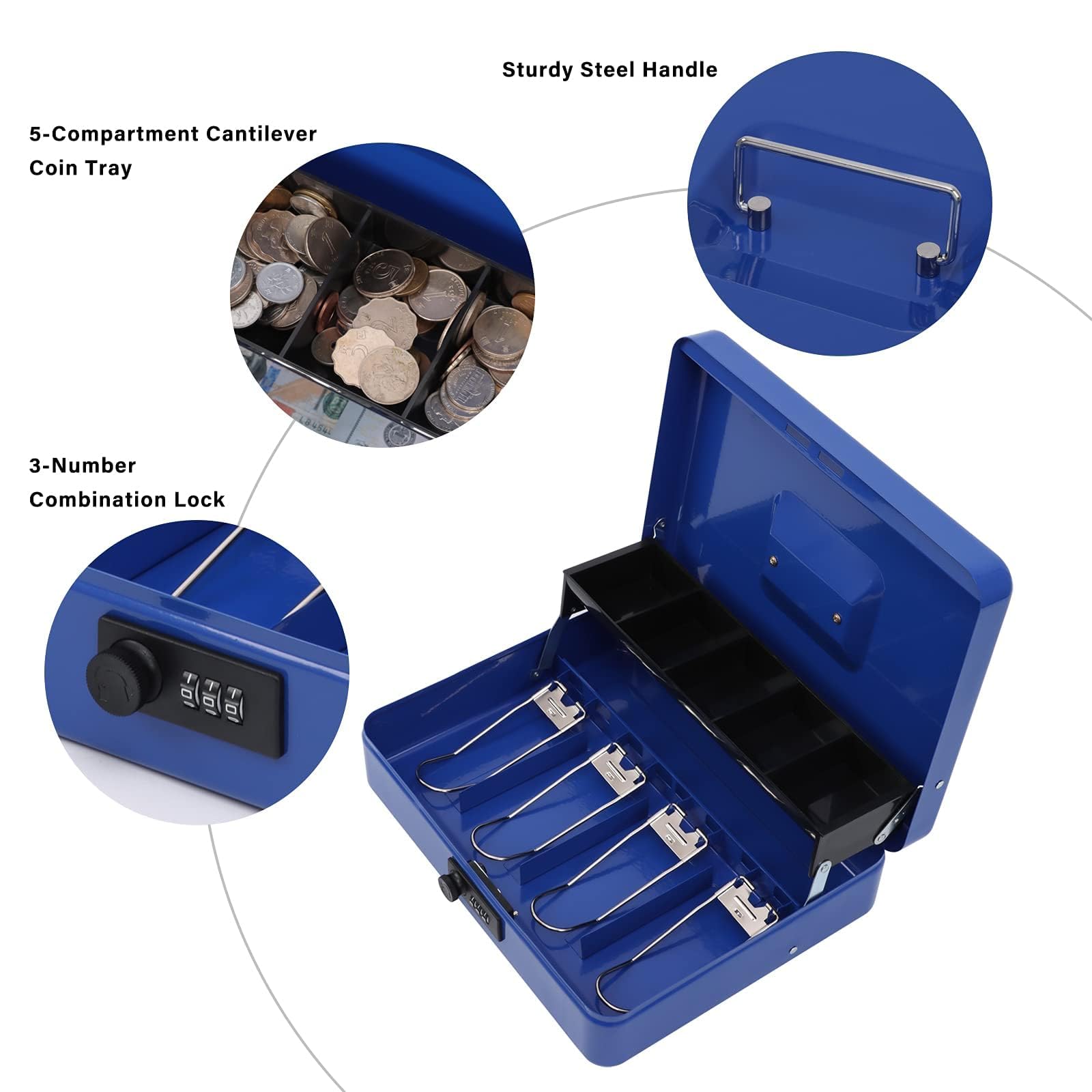 Xydled Cassa portamonete in metallo con vassoio e serratura a combinazione, blu