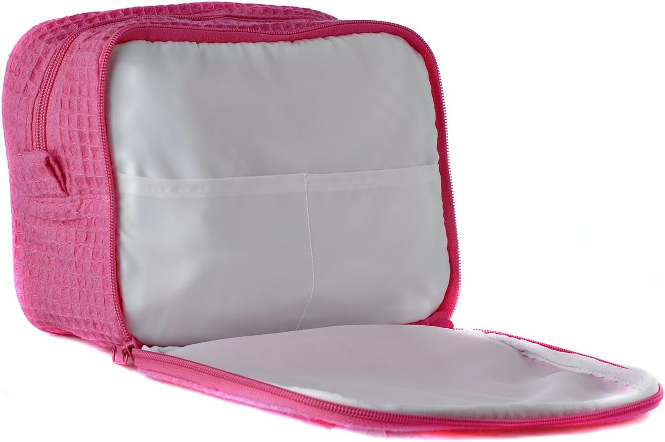Personalized Waffle Weave Cosmetic Bag Makeup Case Toiletry Case Portable Travel Organizer Embroidered With Your Name or Text (Large 2 pocket, Fuchsia)