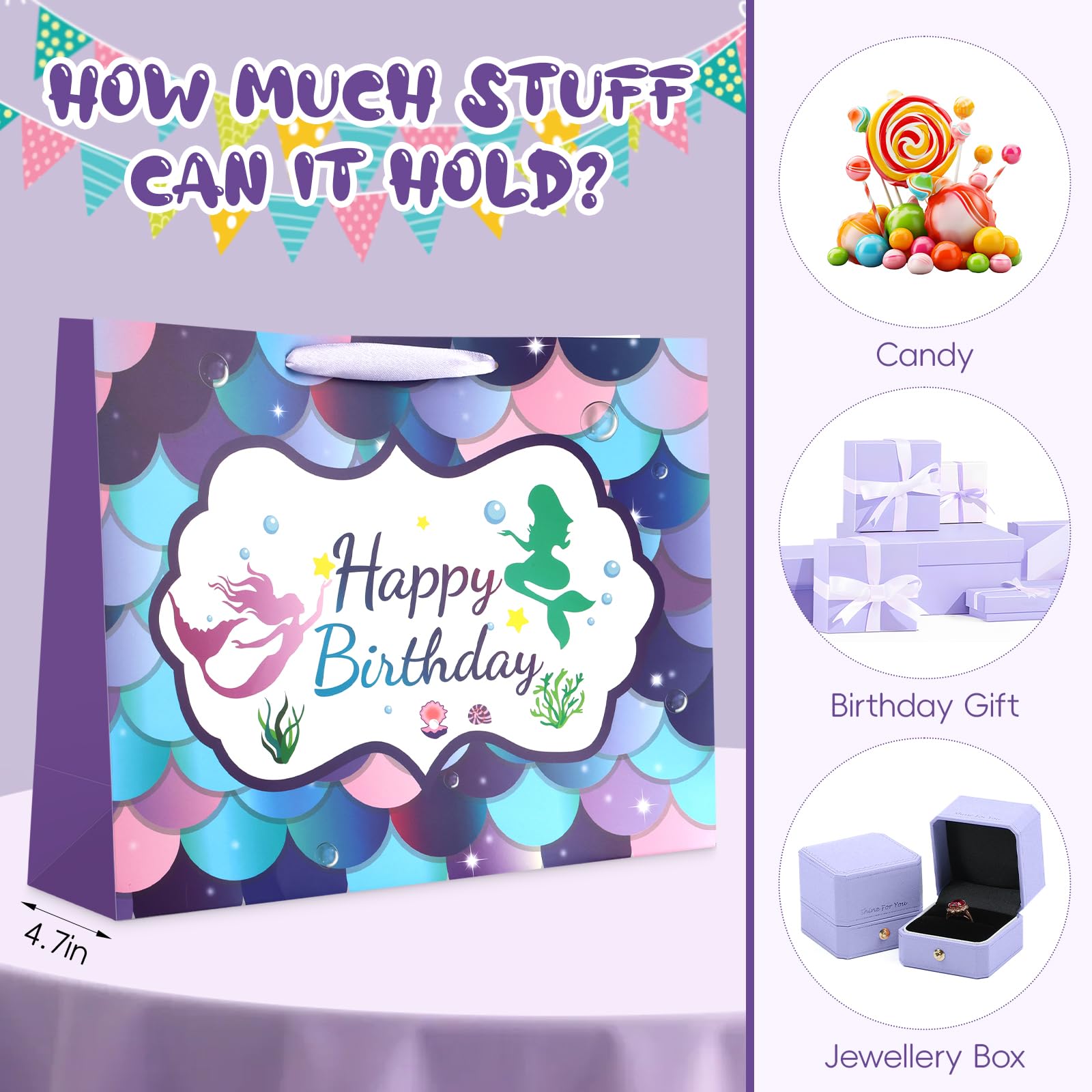 JMANNI Large Happy Birthday Gift Bag with Tissue Papers and Greeting Card,Portable Paper Mermaid Gift Bags with Handles,Purple Present Bags for Women Girls Birthday Party Supplies13 x 10.2" x4.7"