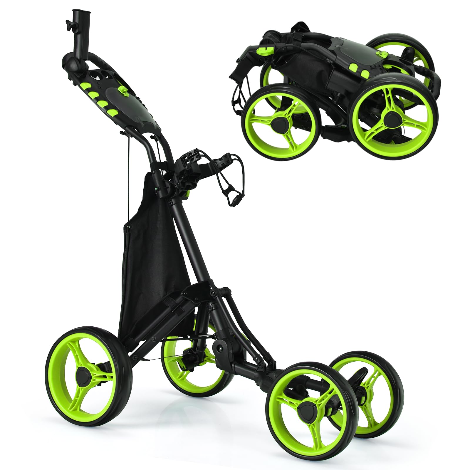 SPOTRAVEL 4 Wheels Golf Push Cart, Foldable Golf Trolley with Storage Bag, Height-Adjustable Handle, Foot Brake, Umbrella & Cup Holder, Portable Golf Bag Holders for Golf Clubs (Green)