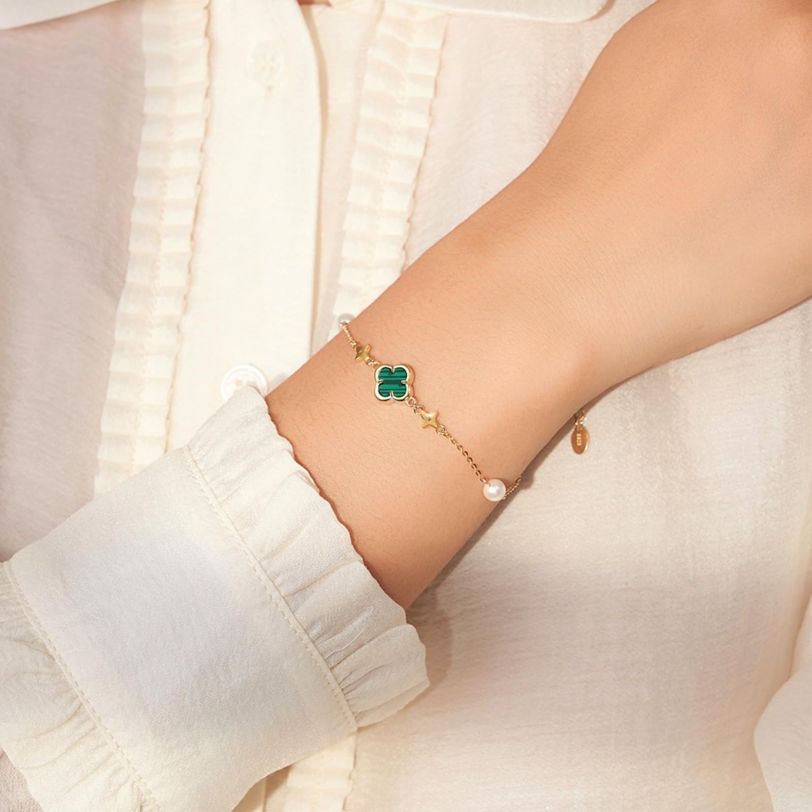 Pulsera de trébol para mujer, pulsera ajustable de plata de ley con perla y malaquita para novia, pulseras de la amistad, regalos para mujeres