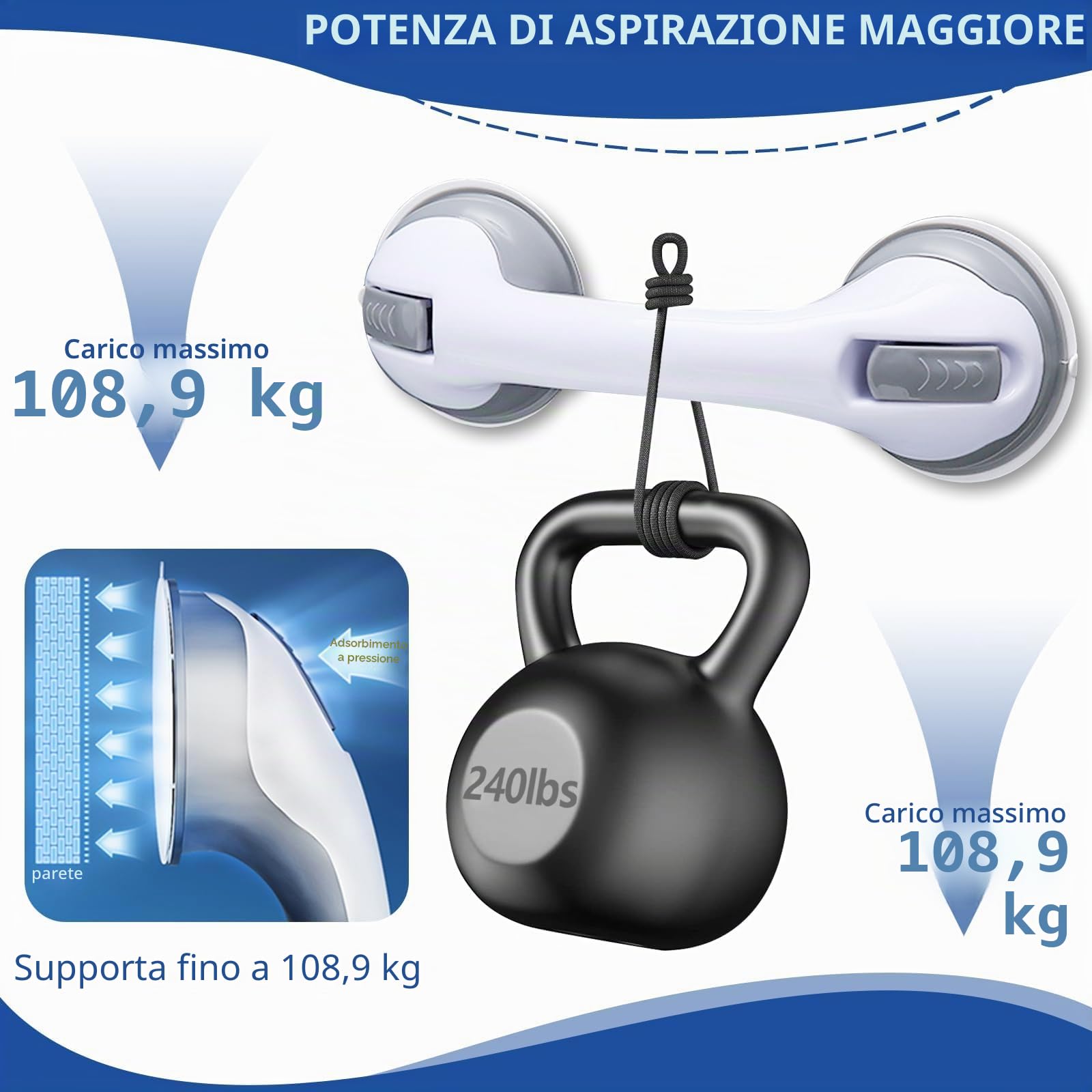 Maniglia per anziani, 2 pezzi, per doccia con ventosa, senza foratura, antiscivolo per doccia e bagno, tenuta forte fino a 110 kg, maniglia di sicurezza per anziani, grigio, 30 cm