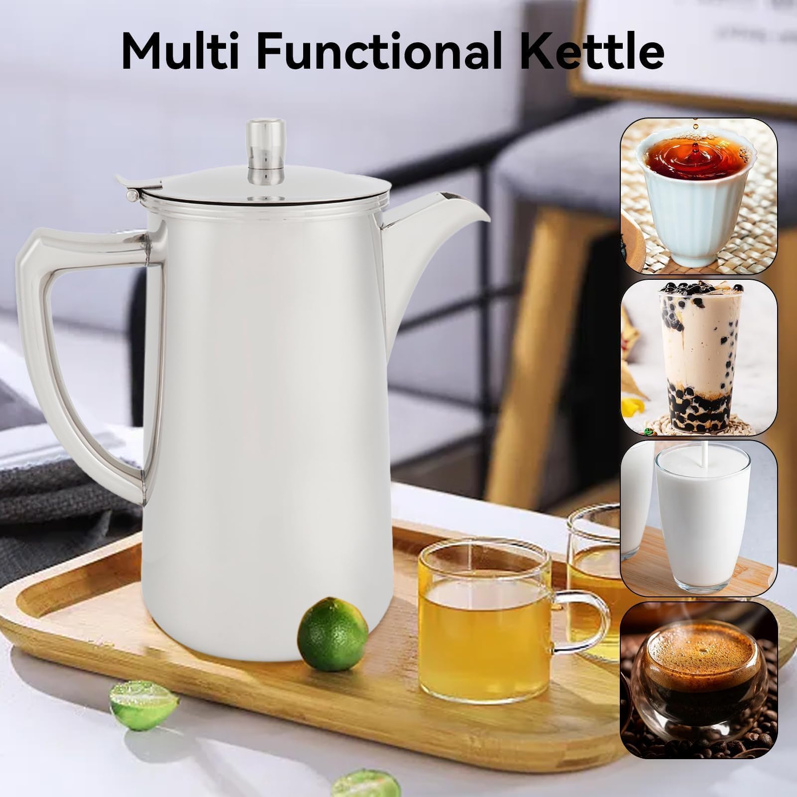 Jarra de acero inoxidable con asa, jarra de agua de 60.35 oz, 1,8 litros, hervidor de agua de gran capacidad con tapa para bebidas frías/calientes, té, leche, jugo
