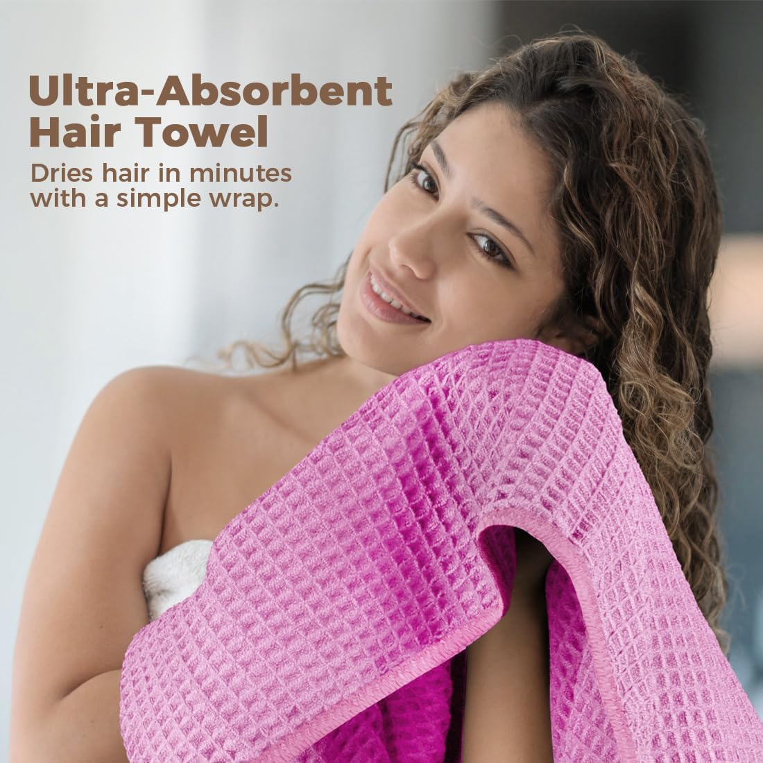 HOMEXCEL 2 Pack Large Microfiber Hair Towels Waffle Weave- 40 x 26.5 inches Fast Drying Turbans for Long, Thick, Curly Hair - Anti Frizz Wrap with Elastic Strap, Blue/Pink - Image 4