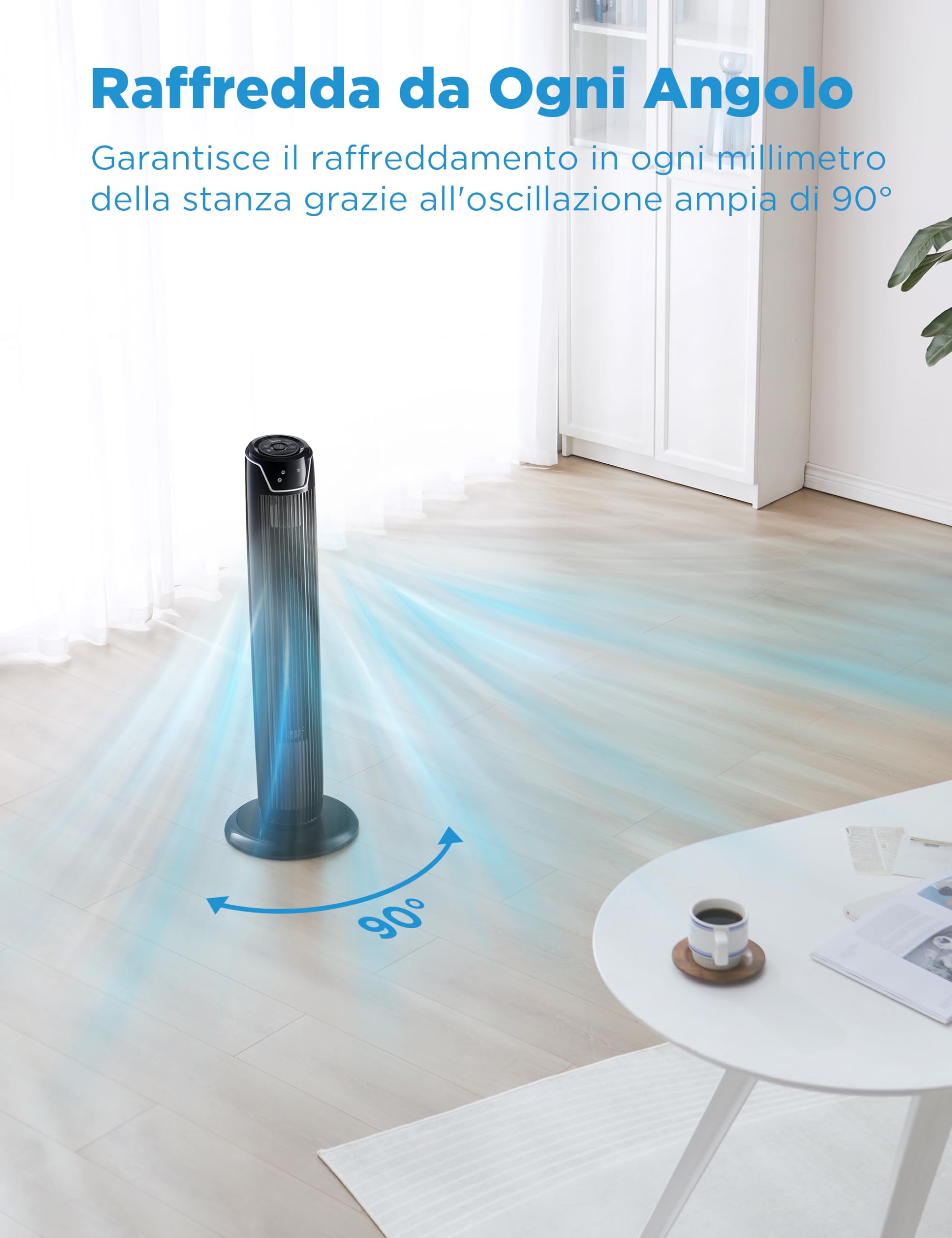 Midea FZ10-17JR Ventilatore a Torre Silenzioso con Telecomando 92CM，Timer 7 ore, 3 Modalità, 3 Velocità, Ventilatore 45W, Oscillante 90°Nero