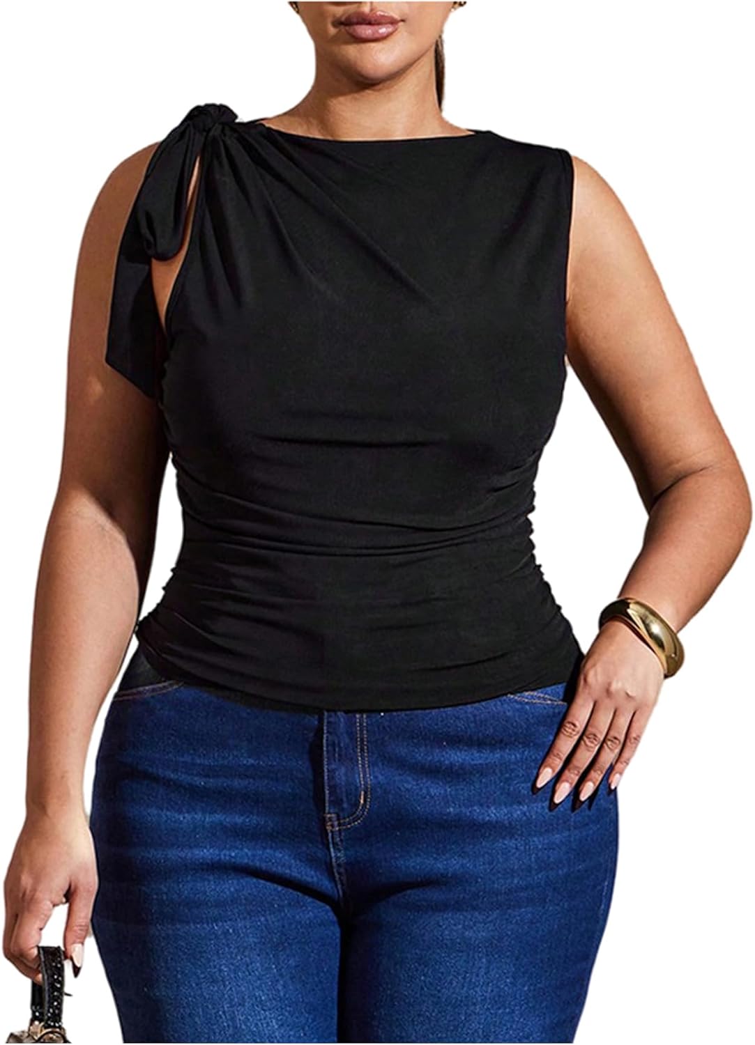 WDIRARA Women's Plus Size Tie Shoulder Tank Top Asymmetrical Neck Sleeveless Tops