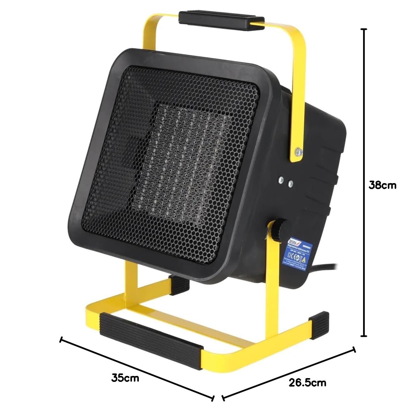 DEDRA Calefactor eléctrico PTC 3,0 kW, cuadrado, negro, con soporte, elemento calefactor cerámico, termostato, protección contra sobrecalentamiento, tres modos de funcionamiento, ángulo ajustable