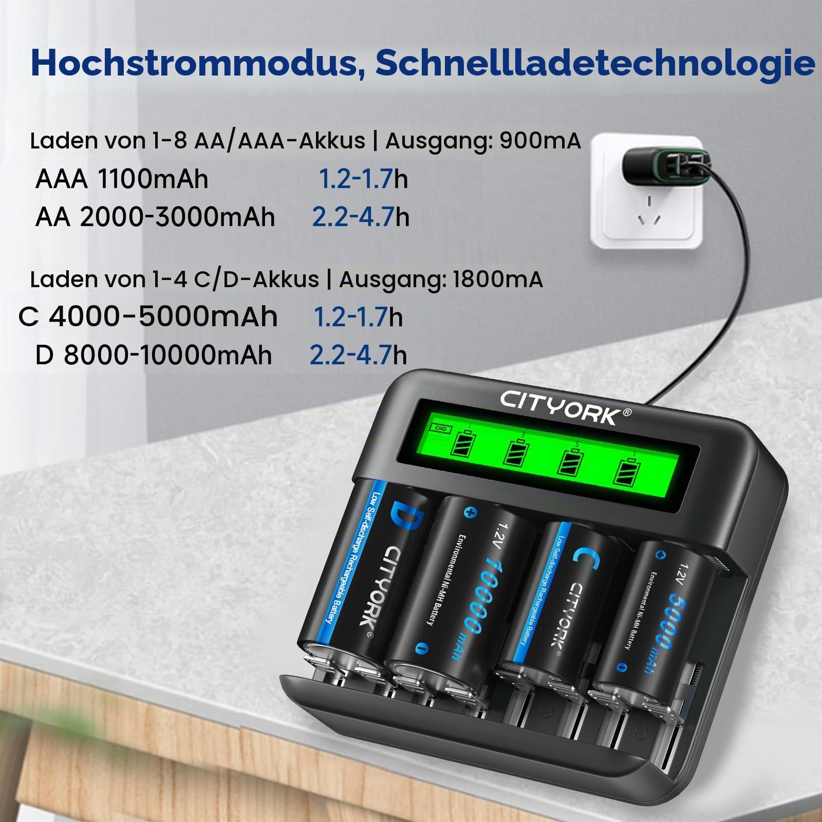 CITYORK Akku Ladegerät mit 6 D Cell 10000mAh wiederaufladbare Batterien mit 8 Slots Batterie Ladegerät für AA AAA CD NI-MH Akku LCD Anzeige