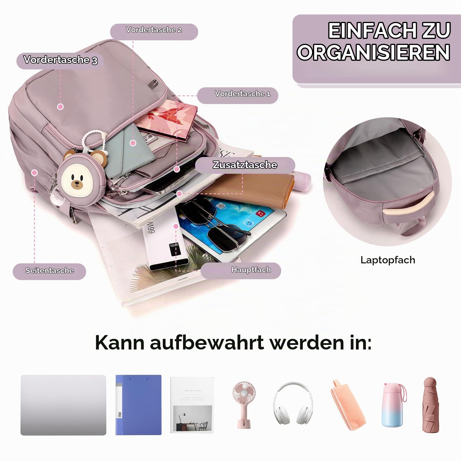 Amythe Schulrucksack Teenager Rucksack Mädchen, Schulranzen für 3.-5. Klasse, 40L Großer Kinderrucksack mit Niedlicher Münzgeldbeutel für 9-18 Jahre, Lässiger Daypack mit Trolleyband -Lila